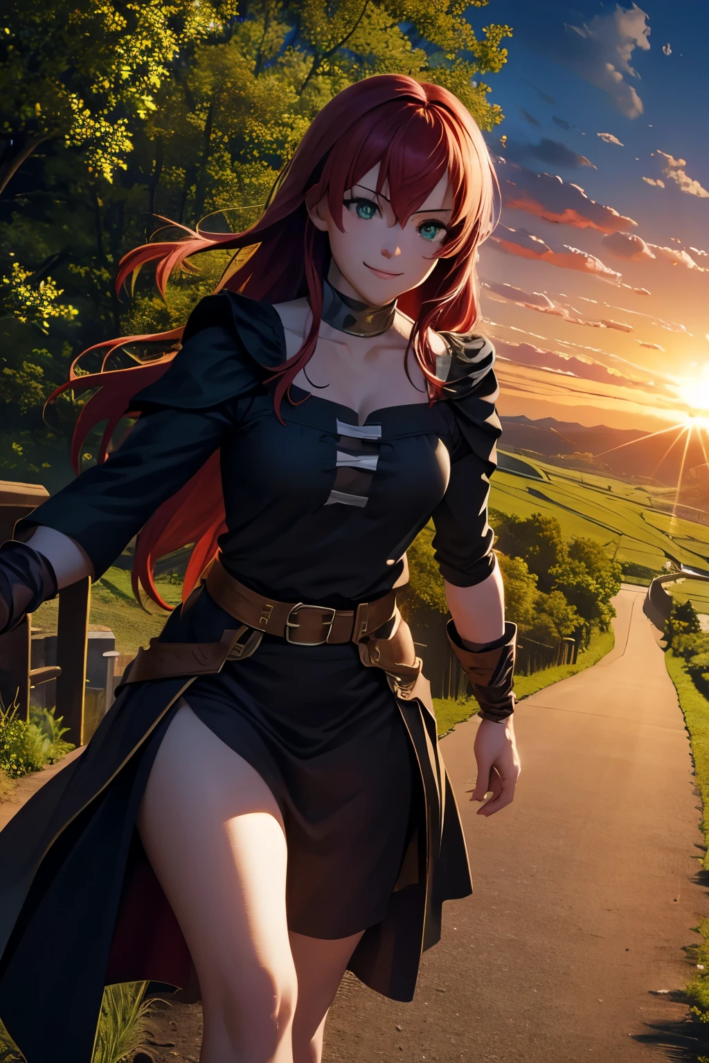 8k wallpaper, masterpiece, movie lighting, medieval setting, Beautiful female rogue with red hair and greenish eyes walking on a winding road with a smile on her face, sunrise with clear skies background