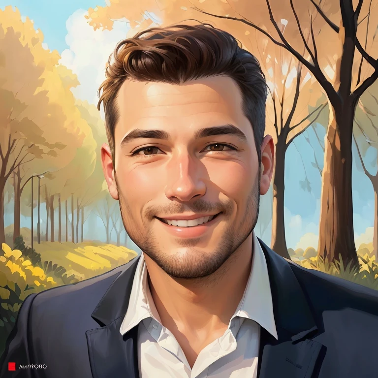 cartoon man in suit smiling in a park with trees, digital illustration portrait, retrato de dibujos animados, retrato de alta calidad, detailed illustration portrait, retrato estilizado, retrato detallado, professional illustration, retrato nft, portrait illustration, caricature illustration, full color digital illustration, pintura digital de dibujos animados, retrato detallado del personaje, epic portrait illustration, retrato estilizado h 0, oficna trabajando, coworkers