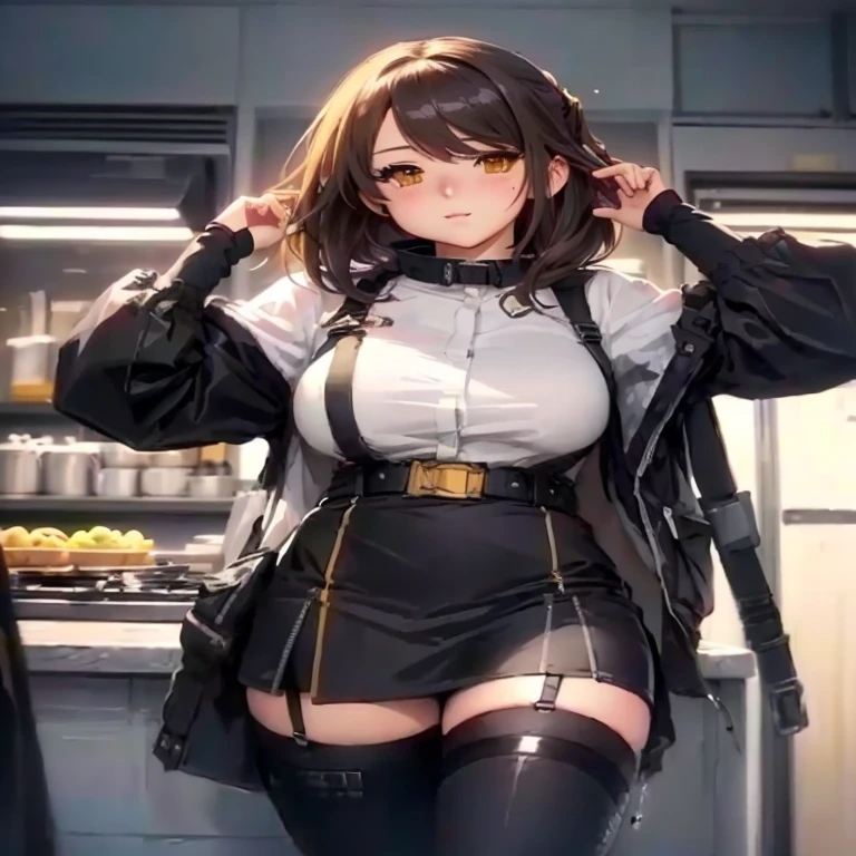 Chica anime con falda corta y chaqueta posando en la cocina., kantai collection style, finos detalles. Frontline girls, Frontline girls style, from Frontline girls, mejor fondo de pantalla de anime 4k konachan, chica anime seductora, Frontline girls cg, de arknights, marin kitagawa fan art, (SFW) Seguro para el trabajo, chica anime atractiva, tendencia en artstation pixiv