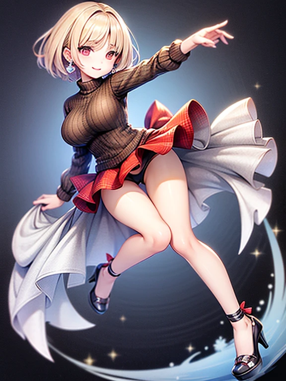 ((highest quality)), ((masterpiece)), (detailed), (Character Focus、breast focus,whole body), (One Girl: 1.1)、Anime 2D Rendering, Realistic young anime woman,
Five Fingers, Perfect Face, Beautiful fine details, Beautiful body, Beautiful thighs, Beautiful feet, White beautiful skin、Perfect round butt、Fit and body, Big Breasts、
Blonde、(short hair)、dark red eyes、Earrings、
Wearing a high-neck sweater dress、Wear black pantyhose、Wearing high heels、smile、(whole body、Are standing)