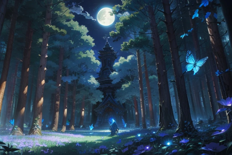 blue butterfly, (Intricate details:1.4), forest glade at full moon, (many blue spectral butterflies), anime, fantasy, detailed background, 2D, CG, (Highly detailed), (high resolution), (Best quality), (masterpiece)