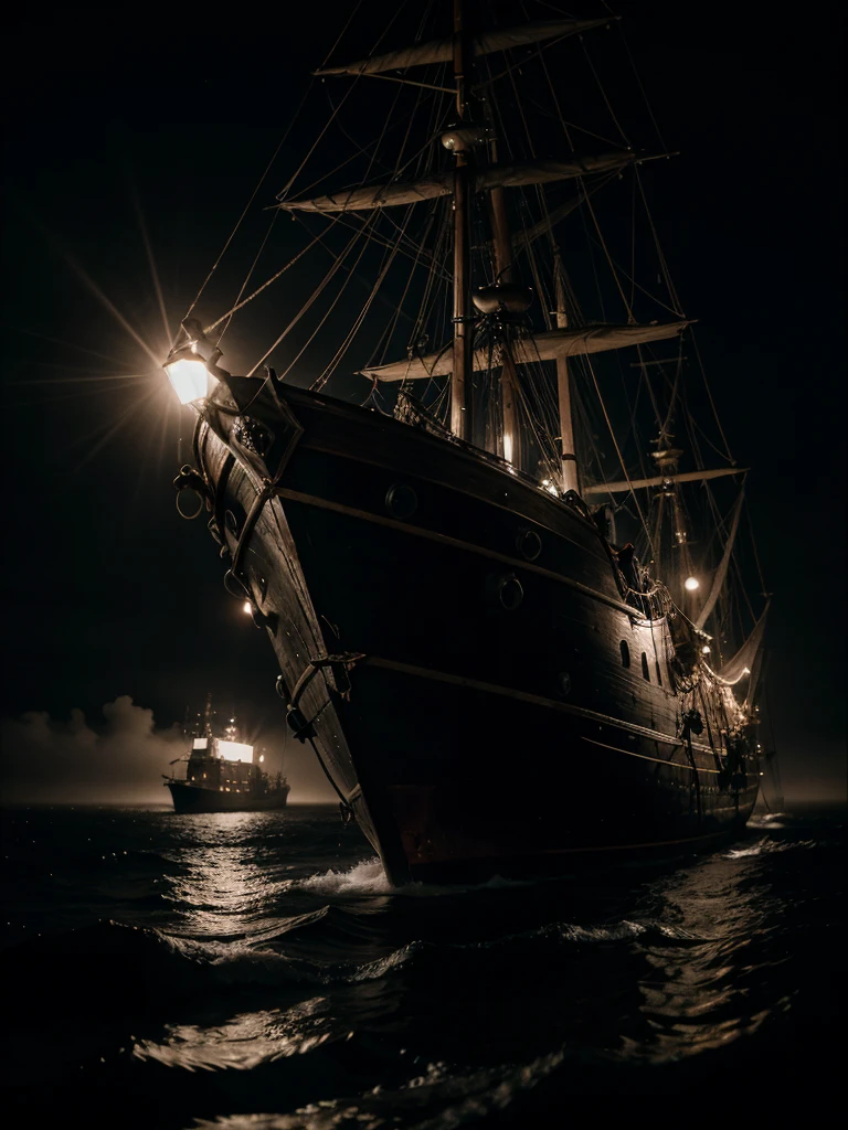 photo of old pirate, fog, dark atmosphere, night, close up, cinematic shot, hard shadows, Fujifilm XT3