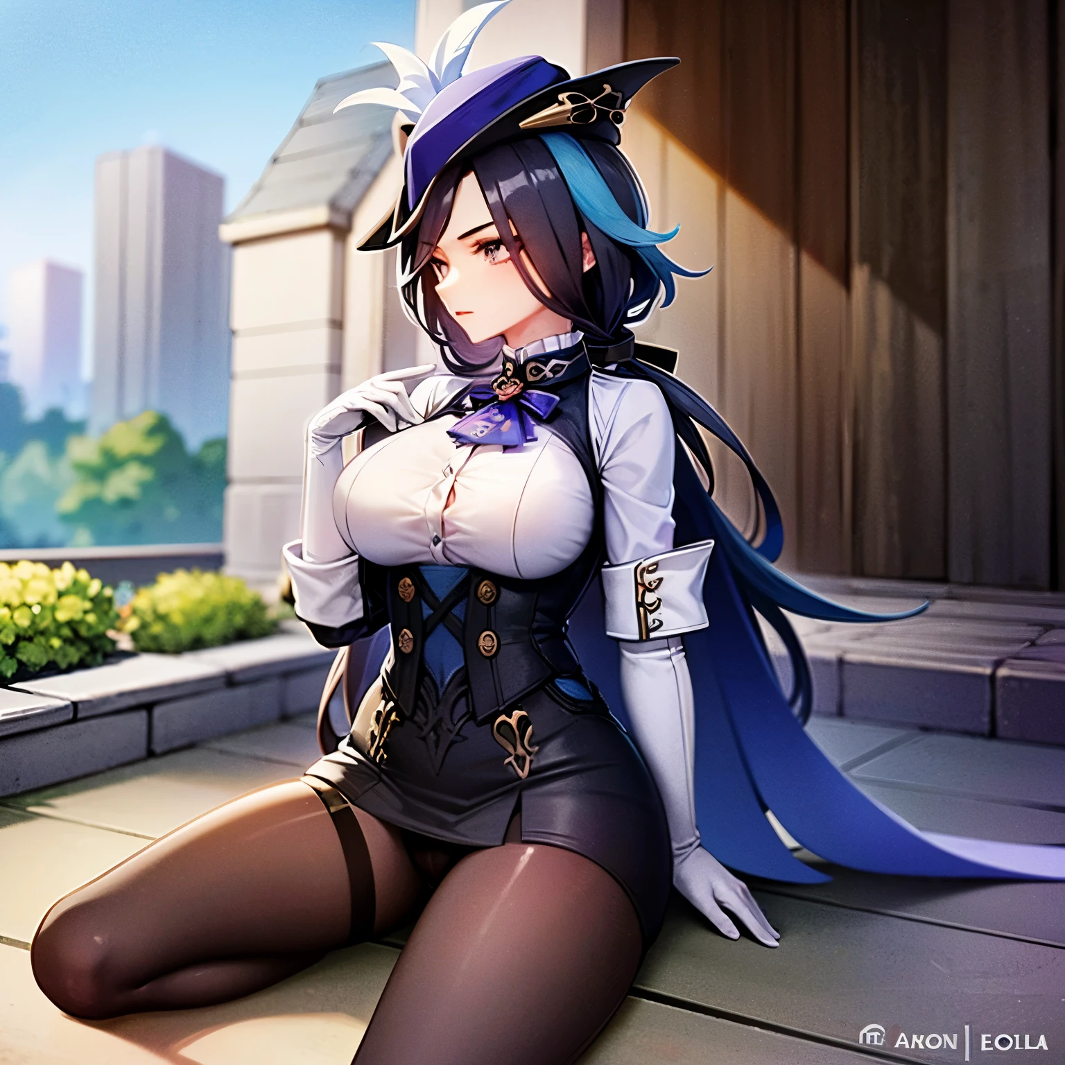 No errors, perfect, masterpiece, beautiful, perfect face,perfect body,clorinde (genshin impact), W sitting, sitting on the ground, hands between legs,medium breast, high detailed, perfect shaped breast 