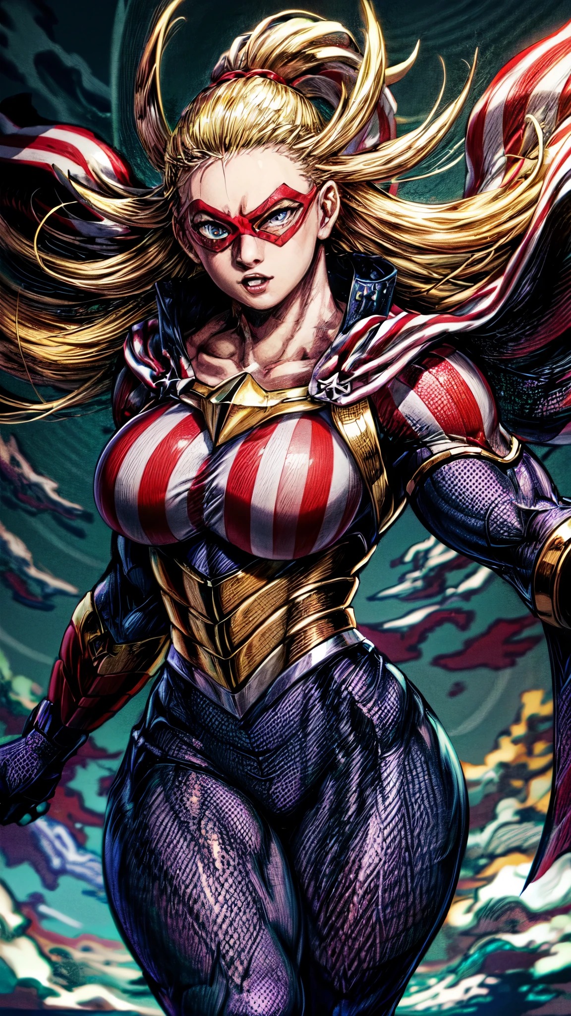 (masterpiece:1.4),(best quality:1.4),(absurdres:1.4),pin-up,    
ANIME_CathleenBate_MyHero_ownwaifu, www.ownwaifu.com, 
blonde hair, long hair, breasts, blue eyes, large breasts, muscular, muscular female, floating hair, domino mask, mask, tall female, 
superhero, cape, striped, bodysuit, gloves, vertical stripes, flag print, star \(symbol\), american flag print, armor, 
(absurdres, highres, incredibly_absurdres:1.4),scenery,masterpiece,