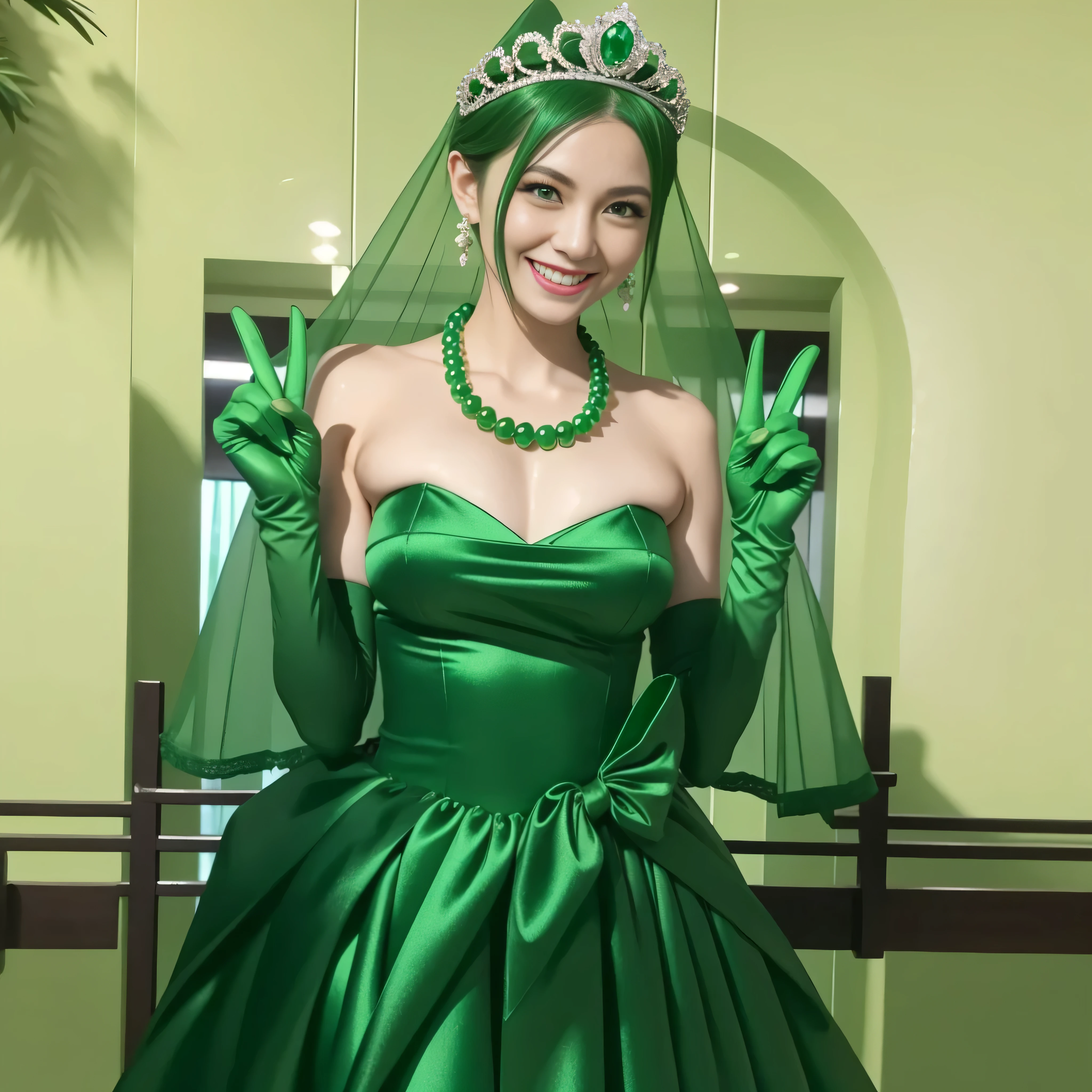 Emerald tiara, Green Pearl Necklace, Boyish very short green hair, lipstick, Smiling Japanese woman, Very short hair, Big tits beautiful, Green Eyes, Long green satin gloves, Green Eyes, v sign, Emerald Earrings, Green Veil