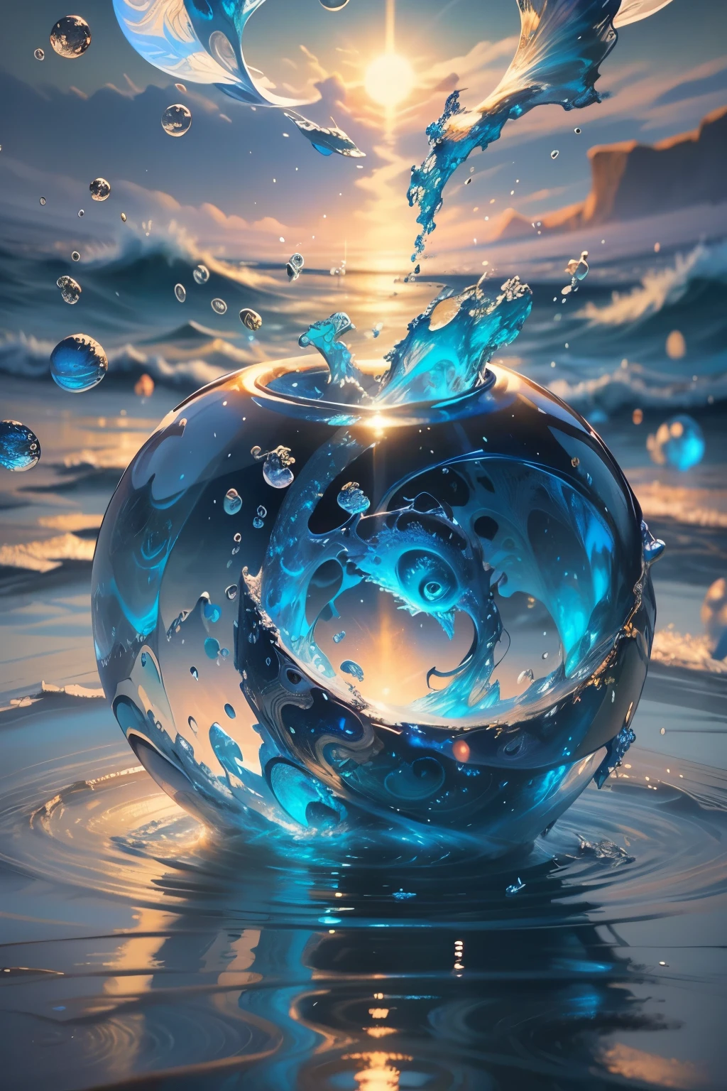 8K Ultra HD, ultra-realistisch, In der sanften Umarmung des ruhigen Wassers, Erleben Sie ein faszinierendes Schauspiel - die Wellen tanzen in perfekter Harmonie, converging into the shape of a glass shell, Jeder Tropfen, Wie der Pinselstrich eines Malers, contributes to this exquisite masterpiece of natural art, The crown-shaped pattern shimmers with a hypnotic shine, reflects the golden colors of the sun and the azure of the sky above, While the waves gently caress the shore, The shape of the glass shell remains fleeting, but forever etched in the memory of those, who were lucky, diesen bezaubernden Anblick zu erleben, Die Umarmung des Wassers schafft ein Symbol der Liebe und Gelassenheit, reminds us of the deep beauty and magic, die die Natur uns schenken kann, von Yukisakura, sehr detailliert,