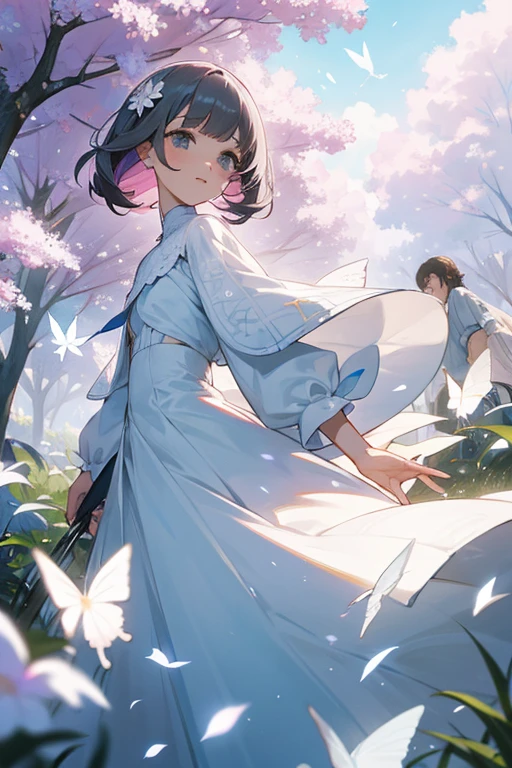 Una chica con cabello gris, usando un vestido blanco con flores, caminando por un sendero de mariposas, estilo manga 