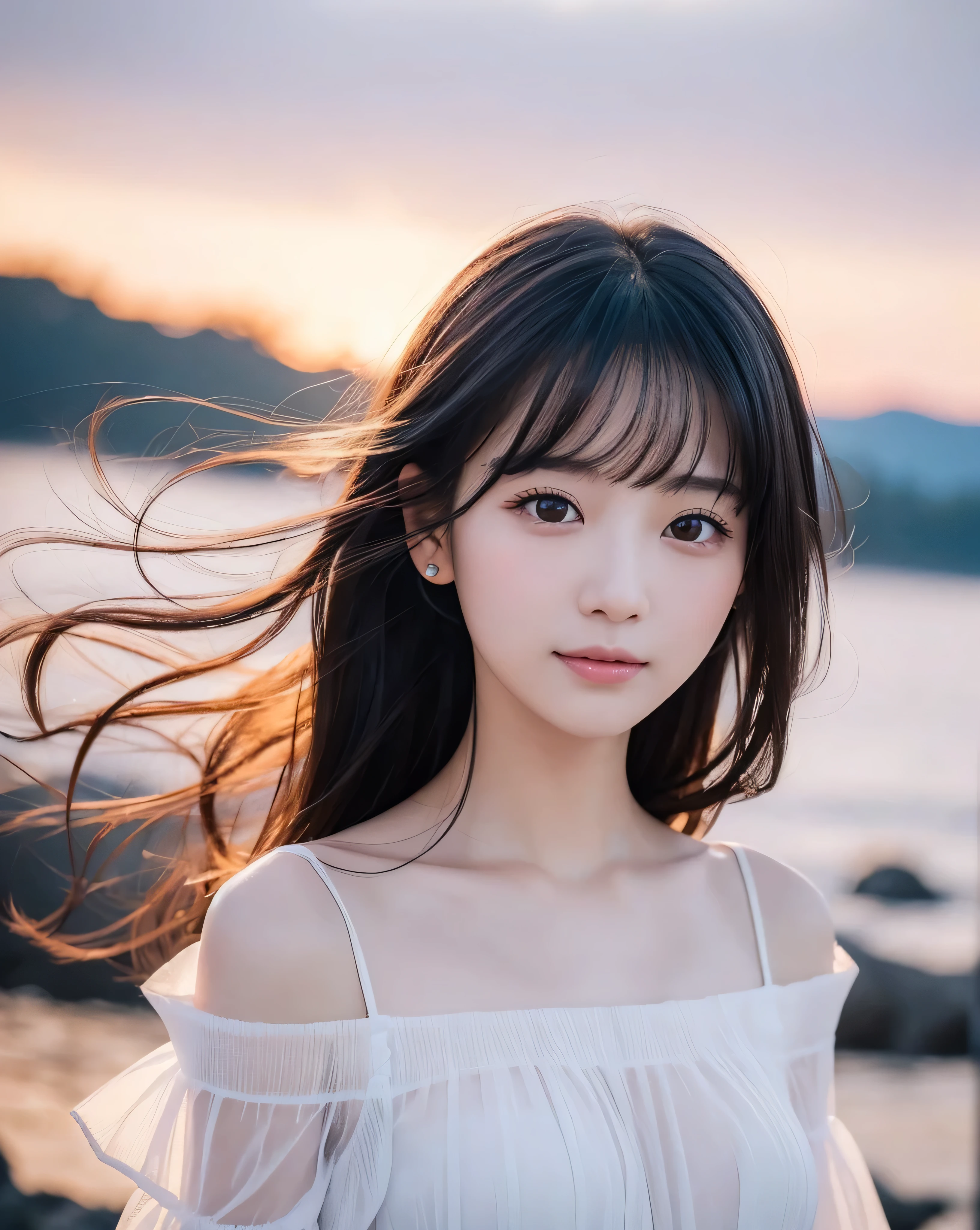 (highest quality, 32k, High resolution, masterpiece:1.5, ),Memorable photographs in an abstract style, ((In a swirl of fantastic pastel colors and soft light)), Evoking a sense of calm and elusive beauty, Very rich emotional expression, Have a rich imagination, Cute Japanese Girls, whole body, Unexpected angle, An exceptionally beautiful face, Magical big eyes, A gentle smile, motherhood and tolerance, Overflowing affection, ((Shiny black hair)), Ponytail swaying in the wind, Asymmetrical bangs, Hair between the eyes, Transparent and soft white skin, Neat, thin eyebrows, double eyelid, Detailed pale pink lips, ((white see-through dress)), Off the shoulder, High resolution perfect clavicle, Beautiful chest in high resolution, Slender body with ample breasts, High resolutionの美しい太もも, Soft sunlight, (Colorful sparkling light particles:1.3)Professional Lighting, Professional Photographer, Professional Model,mysterious