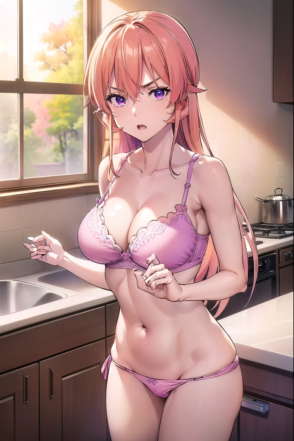 ((masterpiece:1.3, highly detailed:1.3, highres:1.1, best quality, HD, full image)),((erinanakiri, erina nakiri, long hair, orange hair, (purple eyes:1.1), hair between eyes, frown, angry, open mouth, ((pink G string, panty, pink bra, bra, big breasts, full body)), no shirt, ((indoors, kitchen, window background, trees)), looking at viewer, (masterpiece:1.2), best quality, high resolution, unity 8k wallpaper, (illustration:0.8), (beautiful detailed eyes:1.6), extremely detailed face, perfect lighting, extremely detailed CG,(perfect hands, perfect anatomy))),((sexy pose, standing))