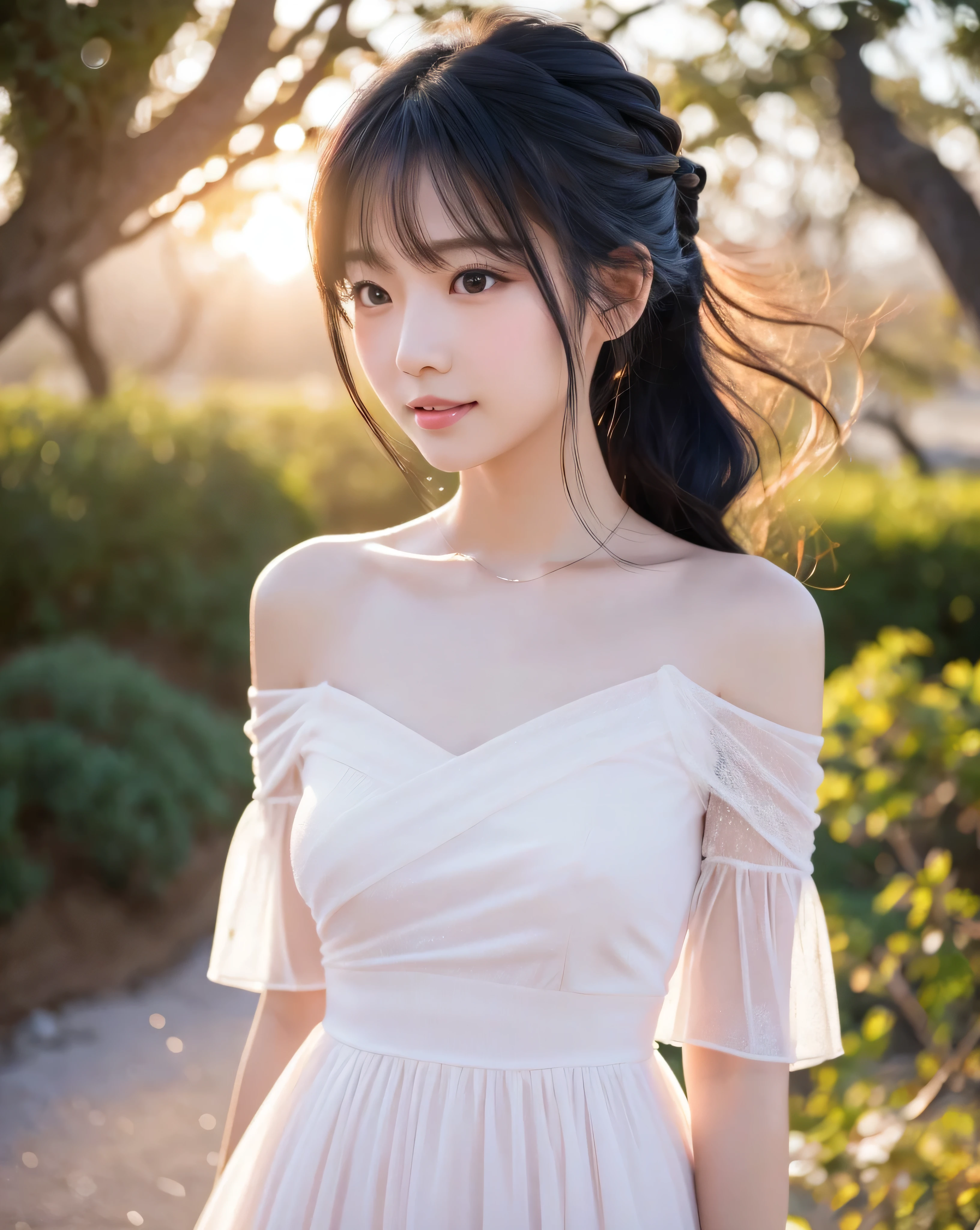 (highest quality, 32k, High resolution, masterpiece:1.5, ),Memorable photographs in an abstract style, ((In a swirl of fantastic pastel colors and soft light)), Evoking a sense of calm and elusive beauty, Very rich emotional expression, Have a rich imagination, Cute Japanese Girls, whole body, Unexpected angle, An exceptionally beautiful face, Magical big eyes, A gentle smile, motherhood and tolerance, Overflowing affection, ((Shiny black hair)), Ponytail swaying in the wind, Asymmetrical bangs, Hair between the eyes, Transparent and soft white skin, Neat, thin eyebrows, double eyelid, Detailed pale pink lips, ((white see-through dress)), Off the shoulder, High resolution perfect clavicle, Beautiful chest in high resolution, Slender body with ample breasts, High resolutionの美しい太もも, Soft sunlight, (Colorful sparkling light particles:1.3)Professional Lighting, Professional Photographer, Professional Model,mysterious