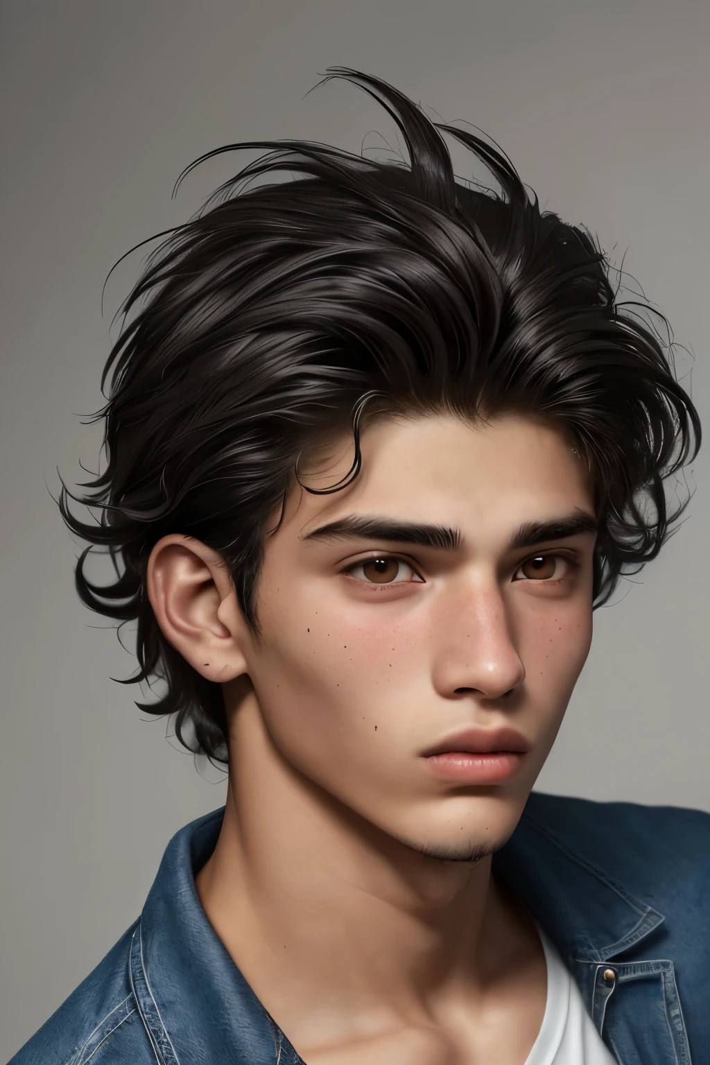 Man approximately 18 years old. Muy guapo. Pelinegro, marked jaw, blanco, mirada fria.