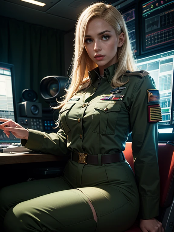 hyper realistic, photo realistic, American blonde, Physique courbe, Sitting on a seat in the control room of the spacecraft, Khaki Green Cloth Uniform with Military Patch, Uniforme avec fermeture éclair ouverte, uniforme, jolie fille, aesthetic, prime, volumetric lighting, Octane, detailed, complexe, Epic composition, kinematics&#39;lighting, chef-d&#39;artwork, superbe, lisse, Photoart prime, beau visage, 4k, Beautiful light on the spaceship's control room, reflet, belle femme, Très joli visage, Très beau corps, cheveux blonds, Very nice eye, image nette, Successful focus, Belle texture de peau, realistic skin, realistic skin texture
