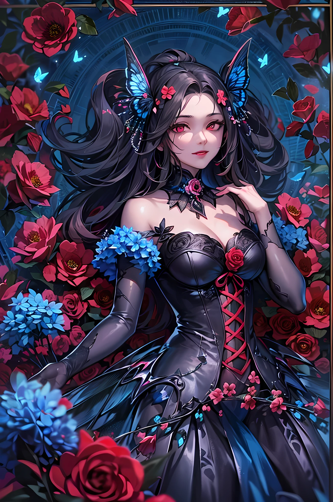 high details, best quality, 16k, RAW, [best detailed], masterpiece, best quality, (extremely detailed), full body, ultra wide shot, photorealistic, dark fantasy art, goth art, RPG art, D&D art, a picture of a dark female fairy resting in a flower meadow, extremely beautiful fairy, ultra feminine (intense details, Masterpiece, best quality), best detailed face (intense details, Masterpiece, best quality), having wide butterfly wings, spread butterfly wings (intense details, Masterpiece, best quality), (blue: 1.5)  colors wings (intense details, Masterpiece, best quality), (blond) hair, long hair, shinning hair, flowing hair, shy smile, innocent smile, (red: 1.3) eyes, dark blue lips, wearing [azure] dress latex corset (intense details, Masterpiece, best quality), dynamic elegant shirt, chocker, wearing (blue: 1.3) high heels, in various shades of red colored flower meadow (intense details, Masterpiece, best quality), (red flowers: 1.2) , (black flowers: 1.2), (white flowers: 1.2), (blue flowers: 1.3) [extreme many flowers] (intense details, Masterpiece, best quality), dark colorful flowers (intense details, Masterpiece, best quality), flower meadow in a dark goth field background, dim light, cinematic light, High Detail, Ultra High Quality, High Resolution, 16K Resolution, Ultra HD Pictures, 3D rendering Ultra Realistic, Clear Details, Realistic Detail, Ultra High Definition, #chinese cloth,