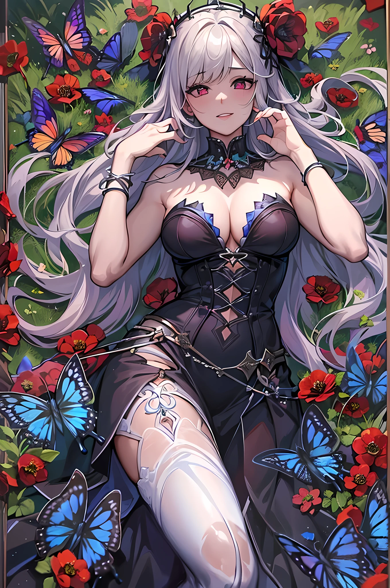 high details, best quality, 16k, RAW, [best detailed], masterpiece, best quality, (extremely detailed), full body, ultra wide shot, photorealistic, dark fantasy art, goth art, RPG art, D&D art, a picture of a dark female fairy resting in a flower meadow, extremely beautiful fairy, ultra feminine (intense details, Masterpiece, best quality), best detailed face (intense details, Masterpiece, best quality), having wide butterfly wings, spread butterfly wings (intense details, Masterpiece, best quality), (blue: 1.5)  colors wings (intense details, Masterpiece, best quality), (blond) hair, long hair, shinning hair, flowing hair, shy smile, innocent smile, (red: 1.3) eyes, dark blue lips, wearing [azure] dress latex corset (intense details, Masterpiece, best quality), dynamic elegant shirt, chocker, wearing (blue: 1.3) high heels, in various shades of red colored flower meadow (intense details, Masterpiece, best quality), (red flowers: 1.2) , (black flowers: 1.2), (white flowers: 1.2), (blue flowers: 1.3) [extreme many flowers] (intense details, Masterpiece, best quality), dark colorful flowers (intense details, Masterpiece, best quality), flower meadow in a dark goth field background, dim light, cinematic light, High Detail, Ultra High Quality, High Resolution, 16K Resolution, Ultra HD Pictures, 3D rendering Ultra Realistic, Clear Details, Realistic Detail, Ultra High Definition, #chinese cloth,