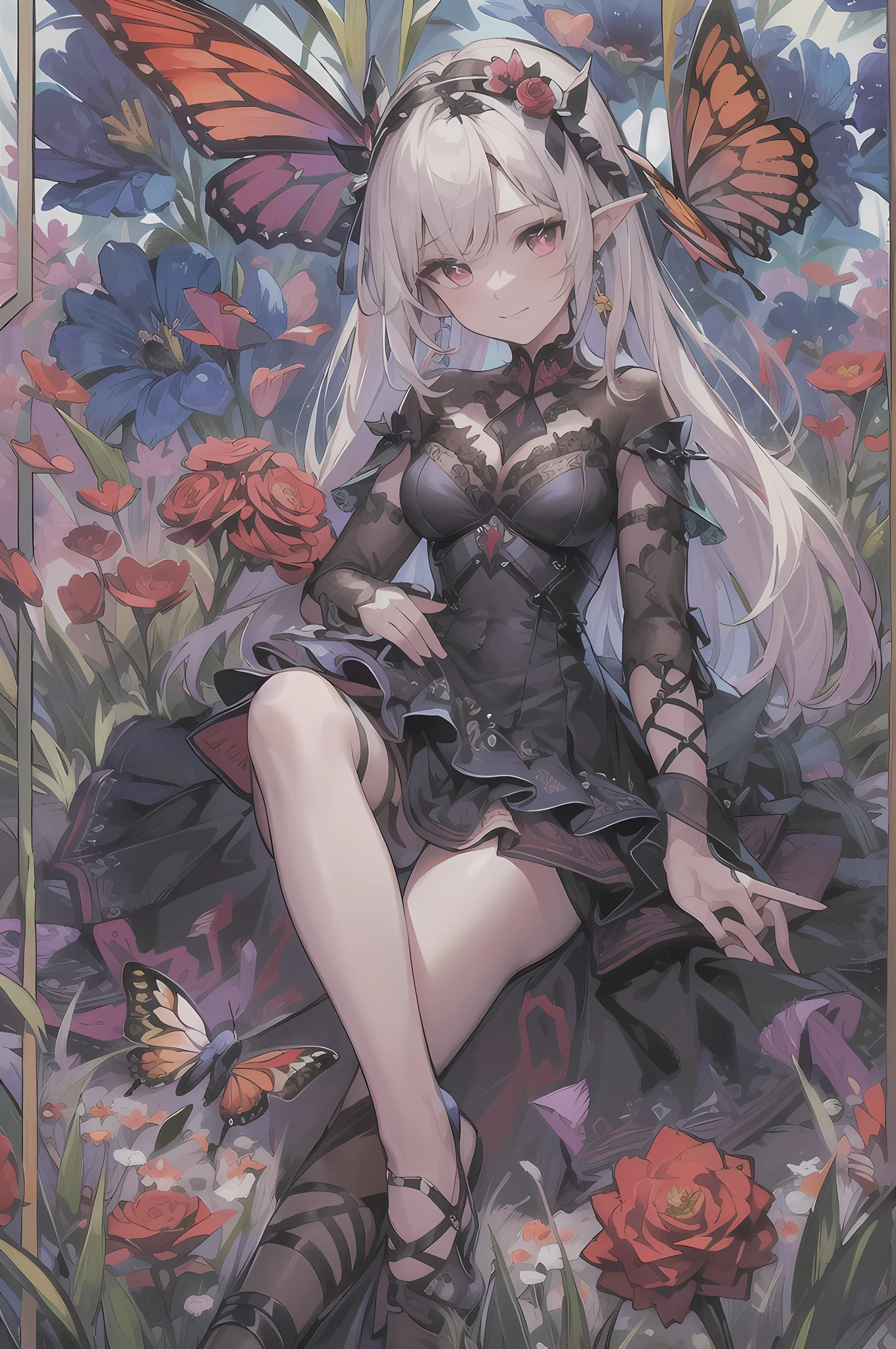 high details, best quality, 16k, RAW, [best detailed], masterpiece, best quality, (extremely detailed), full body, ultra wide shot, photorealistic, dark fantasy art, goth art, RPG art, D&D art, a picture of a dark female fairy resting in a flower meadow, extremely beautiful fairy, ultra feminine (intense details, Masterpiece, best quality), best detailed face (intense details, Masterpiece, best quality), having wide butterfly wings, spread butterfly wings (intense details, Masterpiece, best quality: 1.3), (blue: 1.5)  colors wings (intense details, Masterpiece, best quality), (blond) hair, long hair, shinning hair, flowing hair, shy smile, innocent smile, (red: 1.3) eyes, dark blue lips, wearing [azure] dress latex corset (intense details, Masterpiece, best quality), dynamic elegant shirt, chocker, wearing (blue: 1.3) high heels, in various shades of red colored flower meadow (intense details, Masterpiece, best quality), (red flowers: 1.2) , (black flowers: 1.2), (white flowers: 1.2), (blue flowers: 1.3) [extreme many flowers] (intense details, Masterpiece, best quality), dark colorful flowers (intense details, Masterpiece, best quality), flower meadow in a dark goth field background, dim light, cinematic light, High Detail, Ultra High Quality, High Resolution, 16K Resolution, Ultra HD Pictures, 3D rendering Ultra Realistic, Clear Details, Realistic Detail, Ultra High Definition, #chinese cloth,