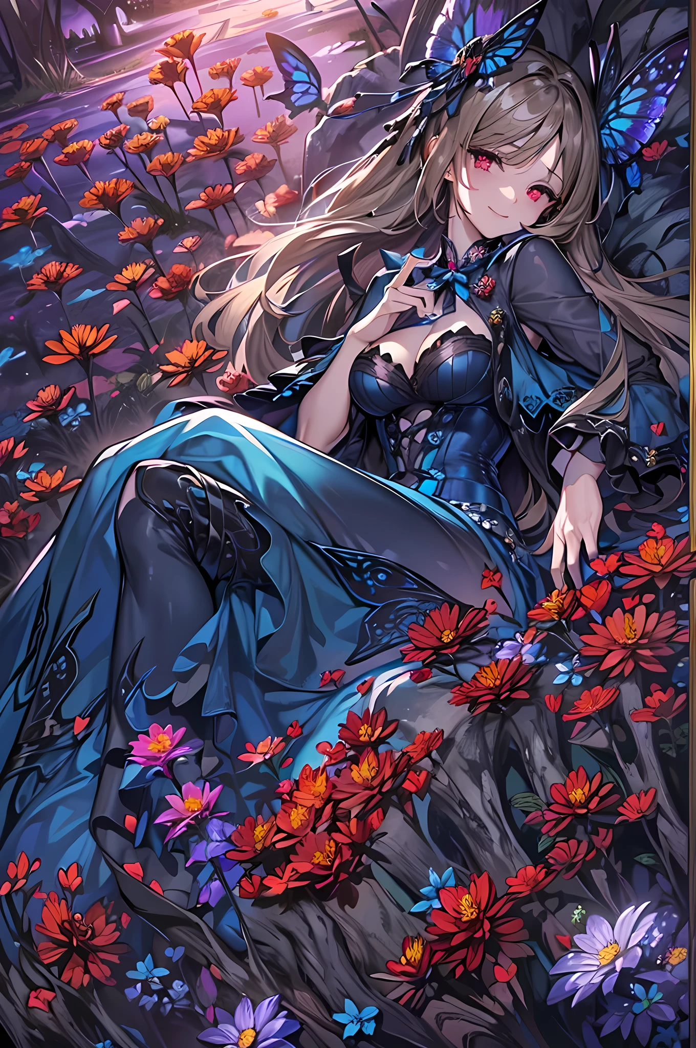 high details, best quality, 16k, RAW, [best detailed], masterpiece, best quality, (extremely detailed), full body, ultra wide shot, photorealistic, dark fantasy art, goth art, RPG art, D&D art, a picture of a dark female fairy resting in a flower meadow, extremely beautiful fairy, ultra feminine (intense details, Masterpiece, best quality), best detailed face (intense details, Masterpiece, best quality), having wide butterfly wings, spread butterfly wings (intense details, Masterpiece, best quality: 1.3), (blue: 1.5)  colors wings (intense details, Masterpiece, best quality), (blond) hair, long hair, shinning hair, flowing hair, shy smile, innocent smile, (red: 1.3) eyes, dark blue lips, wearing [azure] dress latex corset (intense details, Masterpiece, best quality), dynamic elegant shirt, chocker, wearing (blue: 1.3) high heels, in various shades of red colored flower meadow (intense details, Masterpiece, best quality), (red flowers: 1.2) , (black flowers: 1.2), (white flowers: 1.2), (blue flowers: 1.3) [extreme many flowers] (intense details, Masterpiece, best quality), dark colorful flowers (intense details, Masterpiece, best quality), flower meadow in a dark goth field background, dim light, cinematic light, High Detail, Ultra High Quality, High Resolution, 16K Resolution, Ultra HD Pictures, 3D rendering Ultra Realistic, Clear Details, Realistic Detail, Ultra High Definition, #chinese cloth,