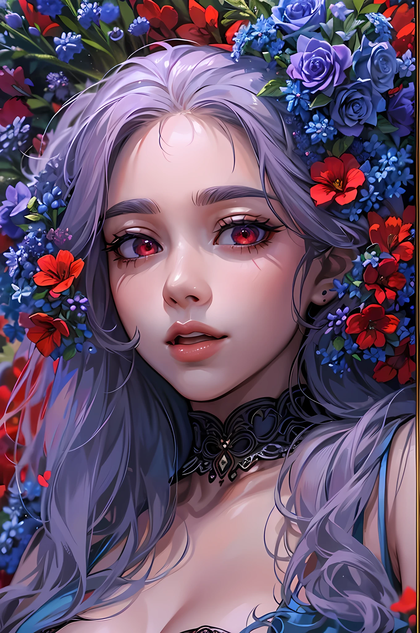 high details, best quality, 16k, RAW, [best detailed], masterpiece, best quality, (extremely detailed), full body, ultra wide shot, photorealistic, dark fantasy art, goth art, RPG art, D&D art, a picture of a dark female fairy resting in a flower meadow, extremely beautiful fairy, ultra feminine (intense details, Masterpiece, best quality), best detailed face (intense details, Masterpiece, best quality), having wide butterfly wings, spread butterfly wings (intense details, Masterpiece, best quality: 1.3), (blue: 1.5)  colors wings (intense details, Masterpiece, best quality), (blond) hair, long hair, shinning hair, flowing hair, shy smile, innocent smile, (red: 1.3) eyes, dark blue lips, wearing [azure] dress latex corset (intense details, Masterpiece, best quality), dynamic elegant shirt, chocker, wearing (blue: 1.3) high heels, in various shades of red colored flower meadow (intense details, Masterpiece, best quality), (red flowers: 1.2) , (black flowers: 1.2), (white flowers: 1.2), (blue flowers: 1.3) [extreme many flowers] (intense details, Masterpiece, best quality), dark colorful flowers (intense details, Masterpiece, best quality), flower meadow in a dark goth field background, dim light, cinematic light, High Detail, Ultra High Quality, High Resolution, 16K Resolution, Ultra HD Pictures, 3D rendering Ultra Realistic, Clear Details, Realistic Detail, Ultra High Definition, #chinese cloth,