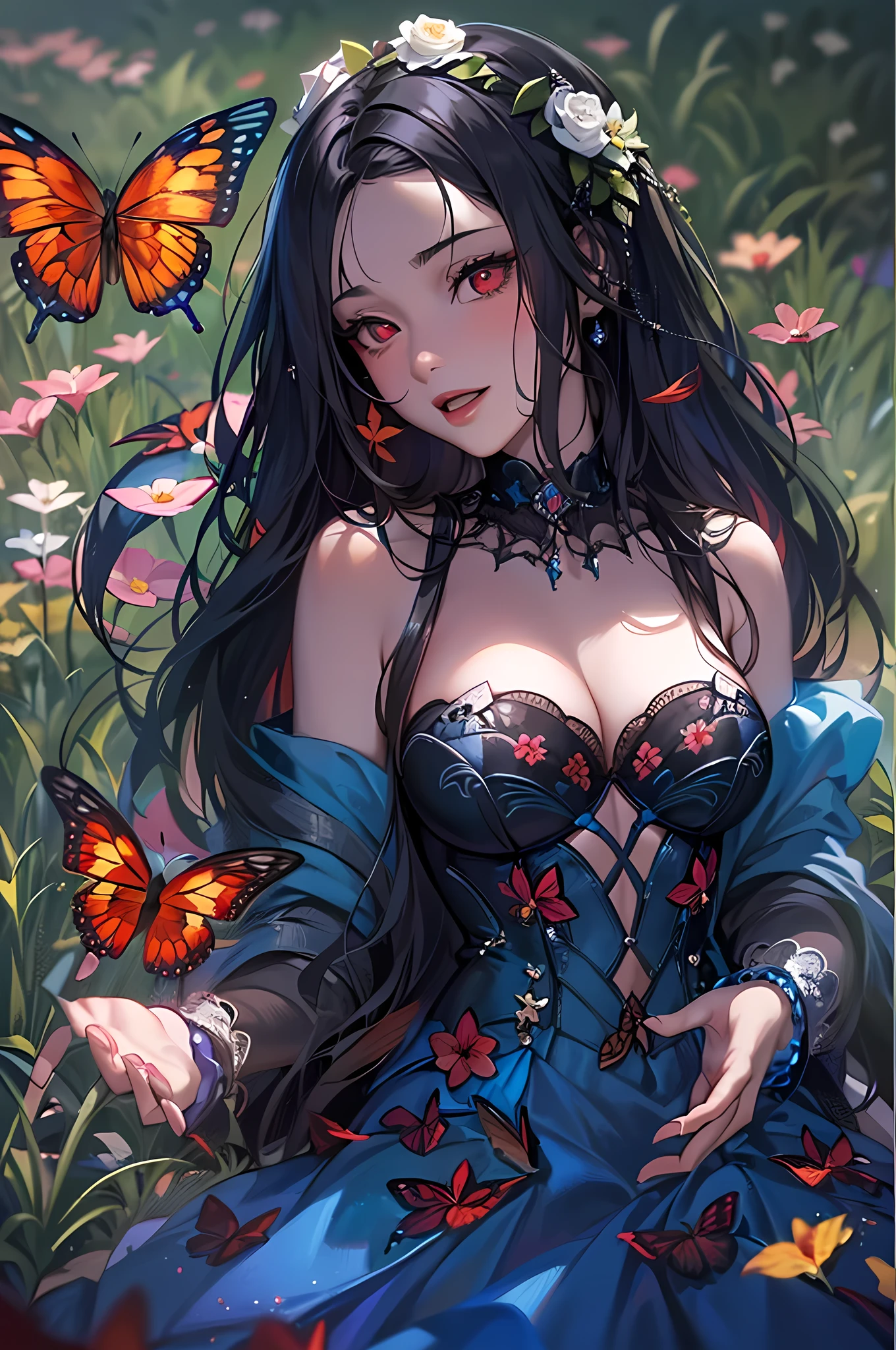 high details, best quality, 16k, RAW, [best detailed], masterpiece, best quality, (extremely detailed), full body, ultra wide shot, photorealistic, dark fantasy art, goth art, RPG art, D&D art, a picture of a dark female fairy resting in a flower meadow, extremely beautiful fairy, ultra feminine (intense details, Masterpiece, best quality), best detailed face (intense details, Masterpiece, best quality), having wide butterfly wings, spread butterfly wings (intense details, Masterpiece, best quality: 1.3), (blue: 1.5)  colors wings (intense details, Masterpiece, best quality), (blond) hair, long hair, shinning hair, flowing hair, shy smile, innocent smile, (red: 1.3) eyes, dark blue lips, wearing [azure] dress latex corset (intense details, Masterpiece, best quality), dynamic elegant shirt, chocker, wearing (blue: 1.3) high heels, in various shades of red colored flower meadow (intense details, Masterpiece, best quality), (red flowers: 1.2) , (black flowers: 1.2), (white flowers: 1.2), (blue flowers: 1.3) [extreme many flowers] (intense details, Masterpiece, best quality), dark colorful flowers (intense details, Masterpiece, best quality), flower meadow in a dark goth field background, dim light, cinematic light, High Detail, Ultra High Quality, High Resolution, 16K Resolution, Ultra HD Pictures, 3D rendering Ultra Realistic, Clear Details, Realistic Detail, Ultra High Definition, #chinese cloth,