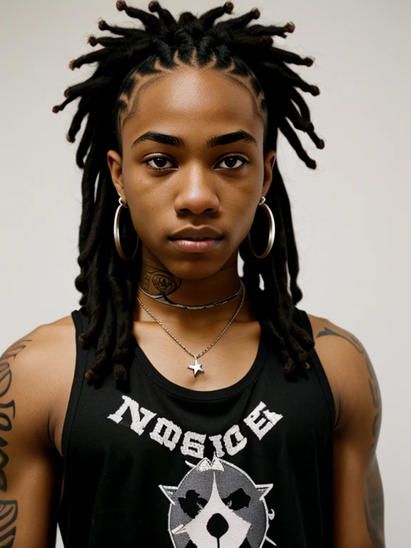 An African-American teenager named Zero with blonde dreadlocks and piercings in his eyebrows and nose. His face is blood red、. And he has some peculiar black, Tattoo-like eye-shaped markings. One on the neck, Four on each arm, And what was covered by clothing. He is wearing a white tank top and black jeans、And he was wearing black converse.