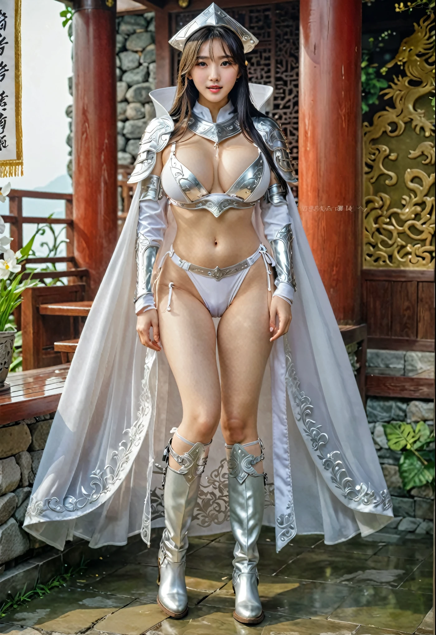 She looks like a very shy girl, The face is shy, full body xianxia,  white  ，Full body armor, High ，Silver white ，Long-legged girl，Put on your boots，White boots，，put on your hat，fantasy服装, put on priest'Cape, All white cape, 穿着fantasy服装, Standing on the grass，For the audience，Real 8000g，Impeccable，masterpiece，Professional artwork，masterpiece，Light，Movie Bloom，Perfect face，Pretty Face，fantasy，Dreamy and magical，not real，Intricate details，beautiful pattern