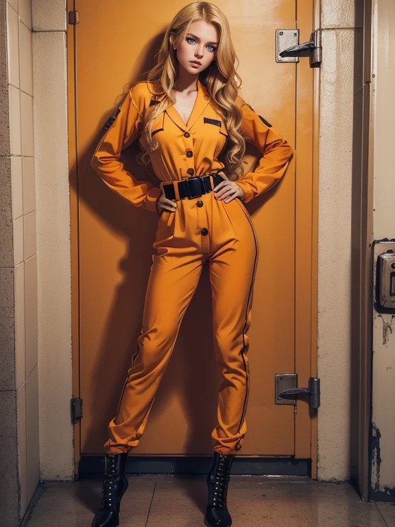 Beautiful young white girl wearing a old synthetic sexy orange tangerine prison jumpsuit, long wavy blonde hair, tight black belt, pale skin tone, orange jumpsuit, (thin girl: 1.6), jail, inmate, black boots, transport belt, side swept hair, standing still, long sleeves, beautiful blue eyes, model pose, inside a prison cell, looks at the viewer, serious look, full body, beautiful young face, sexy, attractive look, sexy jumpsuit, old jumpsuit, thinking about sex, filthy jumpsuit, very attractive, hands at waist, tangerine orange jumpsuit, visible buttons, visible head, synthetic jumpsuit, tangerine, looking at viewer, 80's orange prison jumpsuit, 4 buttons of which the upper one is open