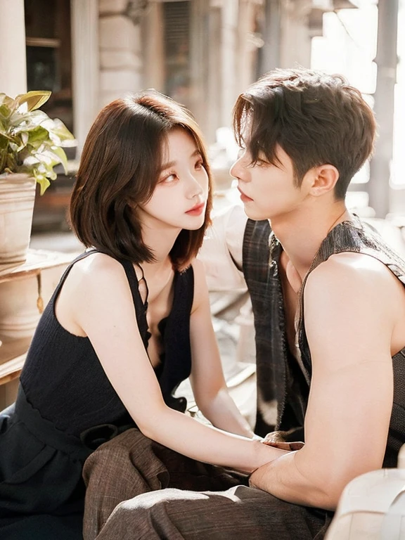 realistic, 8K, masterpiece, RAW photos, best quality, realistic, extremely detailed CG unity 8K wallpaper, depth of field, (very beautiful face, beautiful lips, beautiful eyes), A face with intricate details, ((highly detailed skin)) high quality, 20 year old Korean man wearing a shirt and pants, Idol girl with short hair wearing a sleeveless black dress and pantyhose, sedentary, perfectly balanced, intimate, lover, bodies close to each other, complete anatomy, perfect background, perfect face, perfect body, detailed face, facing, indoor cafe background, 