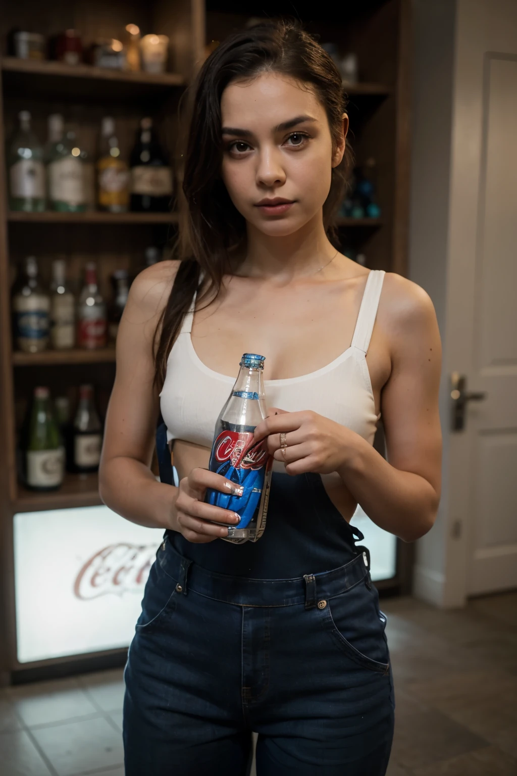 a very black bald guy dressed in blue overalls with a bottle of coca cola in his hand