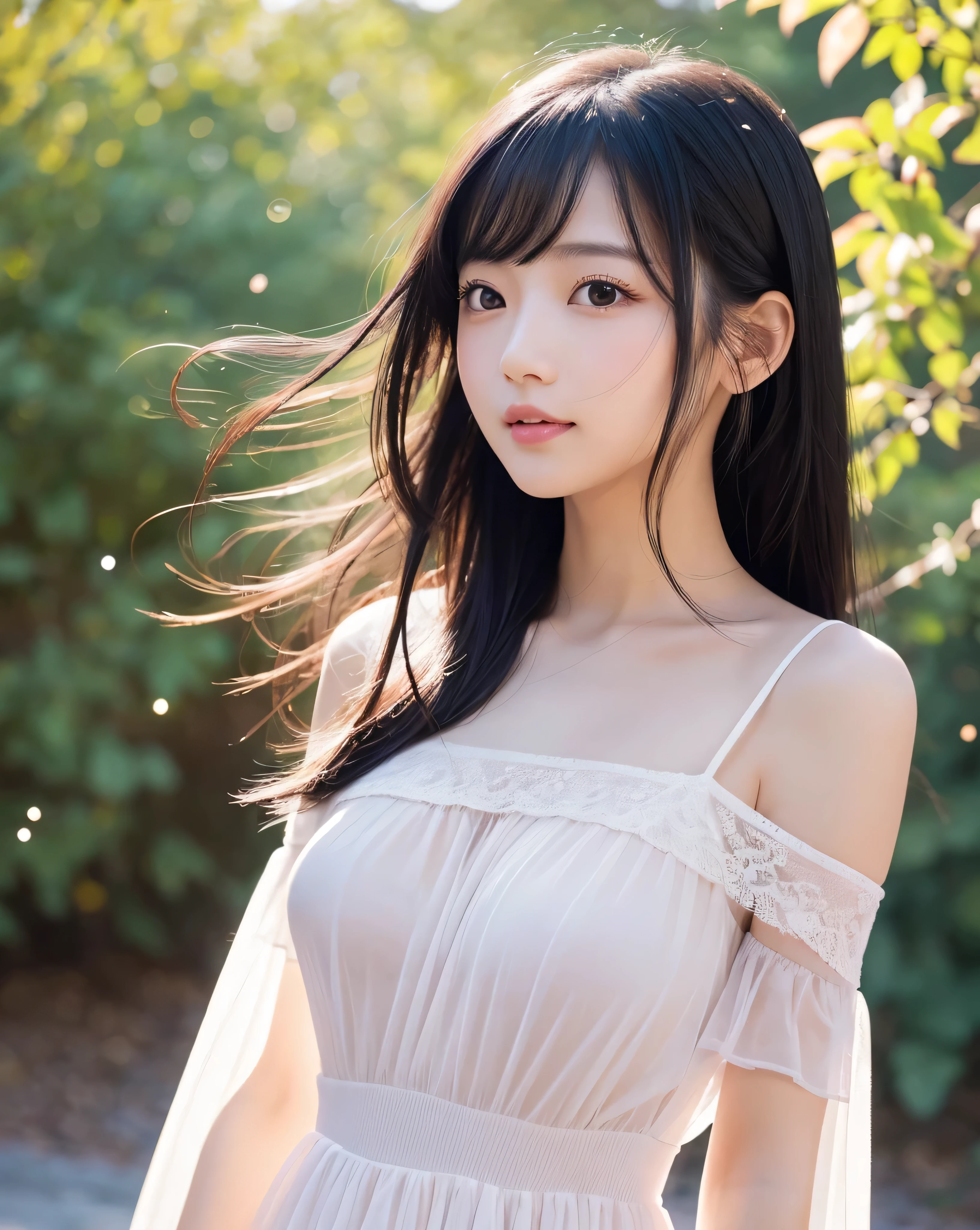 (highest quality, 32k, High resolution, masterpiece:1.5, ),Memorable photographs in an abstract style, ((In a swirl of fantastic pastel colors and soft light)), Evoking a sense of calm and elusive beauty, Very rich emotional expression, Have a rich imagination, Cute Japanese Girls, whole body, Unexpected angle, An exceptionally beautiful face, Magical big eyes, A gentle smile, motherhood and tolerance, Overflowing affection, ((Shiny black hair)), Ponytail swaying in the wind, Asymmetrical bangs, Hair between the eyes, Transparent and soft white skin, Neat, thin eyebrows, double eyelid, Detailed pale pink lips, ((white see-through dress)), Off the shoulder, High resolution perfect clavicle, Beautiful chest in high resolution, Slender body with ample breasts, High resolutionの美しい太もも, Soft sunlight, (Colorful sparkling light particles:1.3)Professional Lighting, Professional Photographer, Professional Model,mysterious