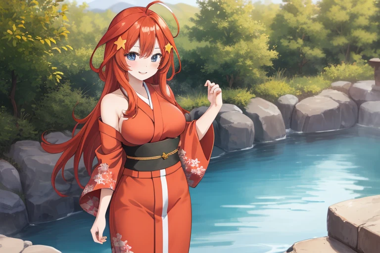 2d, masterpiece, best quality, anime, highly detailed, 5 girl, photo of 5 girl, quintuplets, nakano itsuki, red hair, long hair, star hair ornament, ahoge, large breasts, standing, onsen, brown kimono, outdoors, smile, full body, sexy body, perfect body