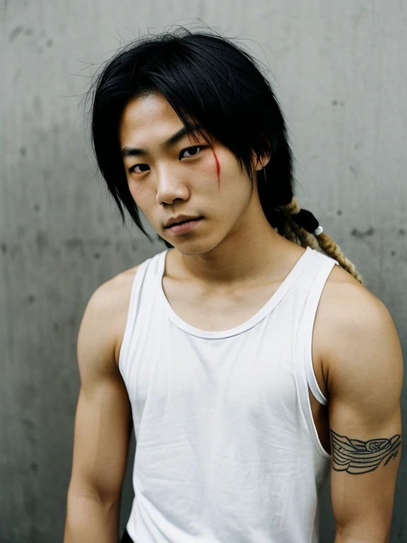 An Asian ager with blonde dreadlocks named Kenji Furuya. His face is blood red、. And he has some peculiar black, Tattoo-like eye-shaped markings. One on the neck, Four on each arm, And what was covered by clothing. He is wearing a white tank top and black jeans、And he was wearing black converse.