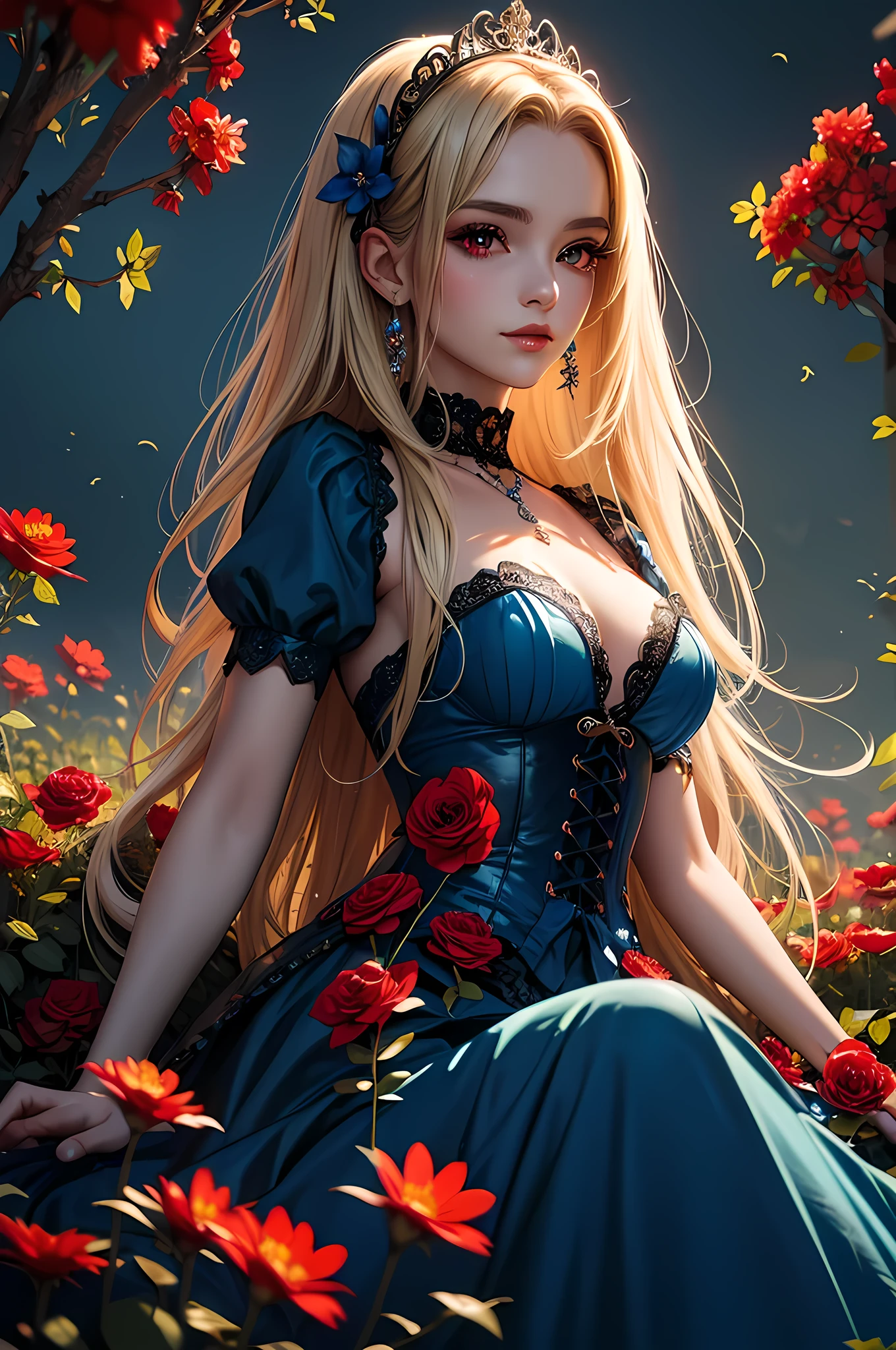 high details, best quality, 16k, RAW, [best detailed], masterpiece, best quality, (extremely detailed), full body, ultra wide shot, photorealistic, dark fantasy art, goth art, RPG art, D&D art, a picture of a dark female fairy resting in a flower meadow, extremely beautiful fairy, ultra feminine (intense details, Masterpiece, best quality), best detailed face (intense details, Masterpiece, best quality), having wide butterfly wings, spread butterfly wings (intense details, Masterpiece, best quality: 1.3), (blue: 1.5)  colors wings (intense details, Masterpiece, best quality), (blond) hair, long hair, shinning hair, flowing hair, shy smile, innocent smile, (red: 1.3) eyes, dark blue lips, wearing [azure] dress latex corset (intense details, Masterpiece, best quality), dynamic elegant shirt, chocker, wearing (blue: 1.3) high heels, in various shades of red colored flower meadow (intense details, Masterpiece, best quality), (red flowers: 1.2) , (black flowers: 1.2), (white flowers: 1.2), (blue flowers: 1.3) [extreme many flowers] (intense details, Masterpiece, best quality), dark colorful flowers (intense details, Masterpiece, best quality), flower meadow in a dark goth field background, dim light, cinematic light, High Detail, Ultra High Quality, High Resolution, 16K Resolution, Ultra HD Pictures, 3D rendering Ultra Realistic, Clear Details, Realistic Detail, Ultra High Definition, #chinese cloth,