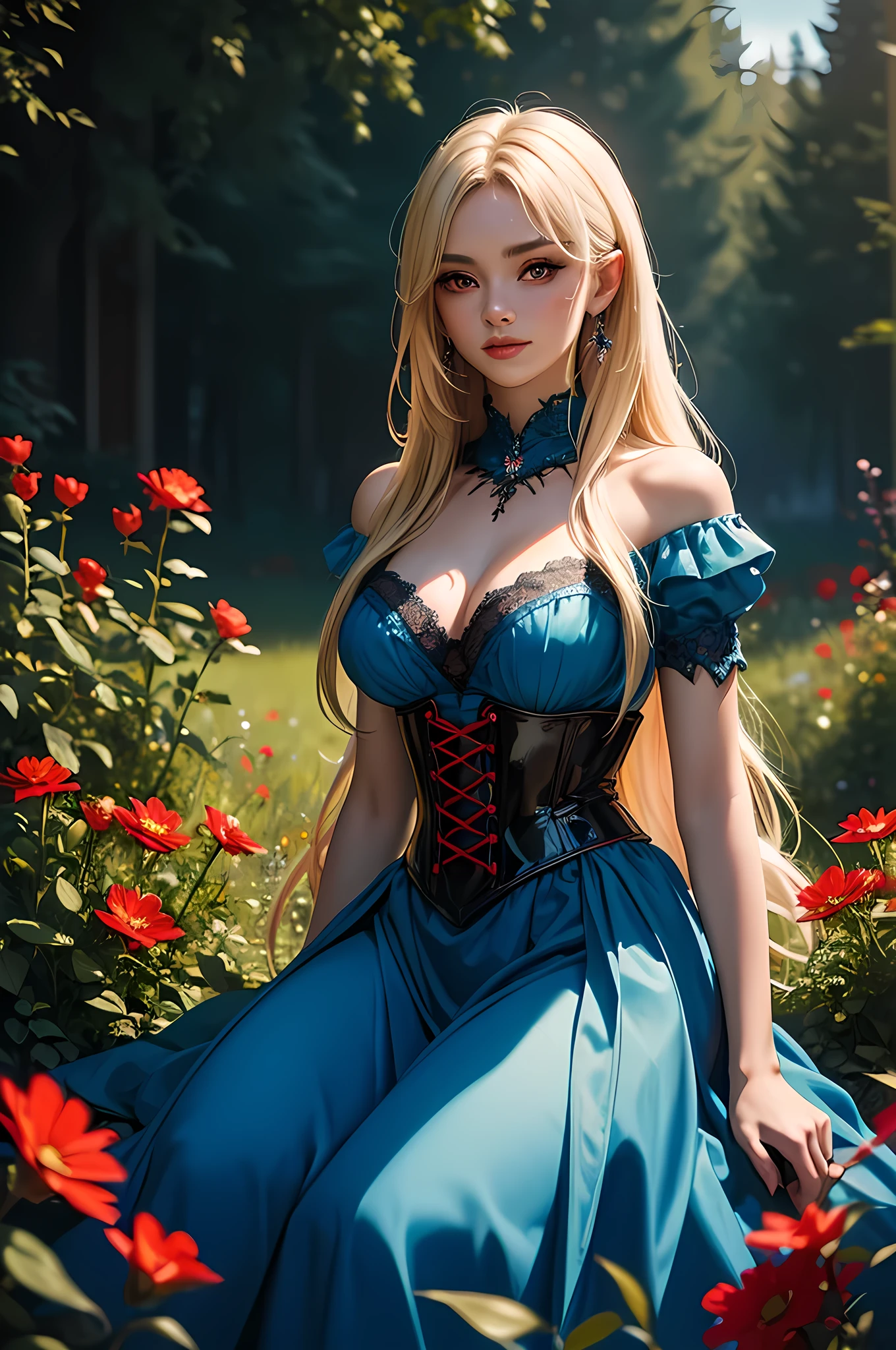 high details, best quality, 16k, RAW, [best detailed], masterpiece, best quality, (extremely detailed), full body, ultra wide shot, photorealistic, dark fantasy art, goth art, RPG art, D&D art, a picture of a dark female fairy resting in a flower meadow, extremely beautiful fairy, ultra feminine (intense details, Masterpiece, best quality), best detailed face (intense details, Masterpiece, best quality), having wide butterfly wings, spread butterfly wings (intense details, Masterpiece, best quality: 1.3), (blue: 1.5)  colors wings (intense details, Masterpiece, best quality), (blond) hair, long hair, shinning hair, flowing hair, shy smile, innocent smile, (red: 1.3) eyes, dark blue lips, wearing [azure] dress latex corset (intense details, Masterpiece, best quality), dynamic elegant shirt, chocker, wearing (blue: 1.3) high heels, in various shades of red colored flower meadow (intense details, Masterpiece, best quality), (red flowers: 1.2) , (black flowers: 1.2), (white flowers: 1.2), (blue flowers: 1.3) [extreme many flowers] (intense details, Masterpiece, best quality), dark colorful flowers (intense details, Masterpiece, best quality), flower meadow in a dark goth field background, dim light, cinematic light, High Detail, Ultra High Quality, High Resolution, 16K Resolution, Ultra HD Pictures, 3D rendering Ultra Realistic, Clear Details, Realistic Detail, Ultra High Definition, #chinese cloth,