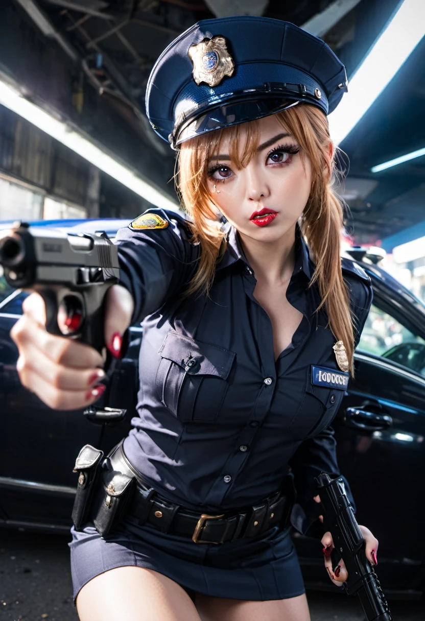 ((Female police officer pointing a gun at the camera: 1.2)), her blouse is very tight, it threatens to open her blouse, tight skirt, gun, fishnet stockings, over the knee boots, gun holster, red long fingernails, long black mascara eyelashes, eye shadow, gloss lipstick, copper blonde long hair, shiny Outfit, V-neck Blouse, in front of a police car, blue light, police cap, energetic facial expression, dynamically dangerous situation, annoyed, licking lips, lens flare, emphasis lines, Eye-Level Shot, Canon, Fujifilm, first-person view, dutch angle, wide shot, atmospheric perspective, cinematic lighting, masterpiece, retina, textured skin, high details