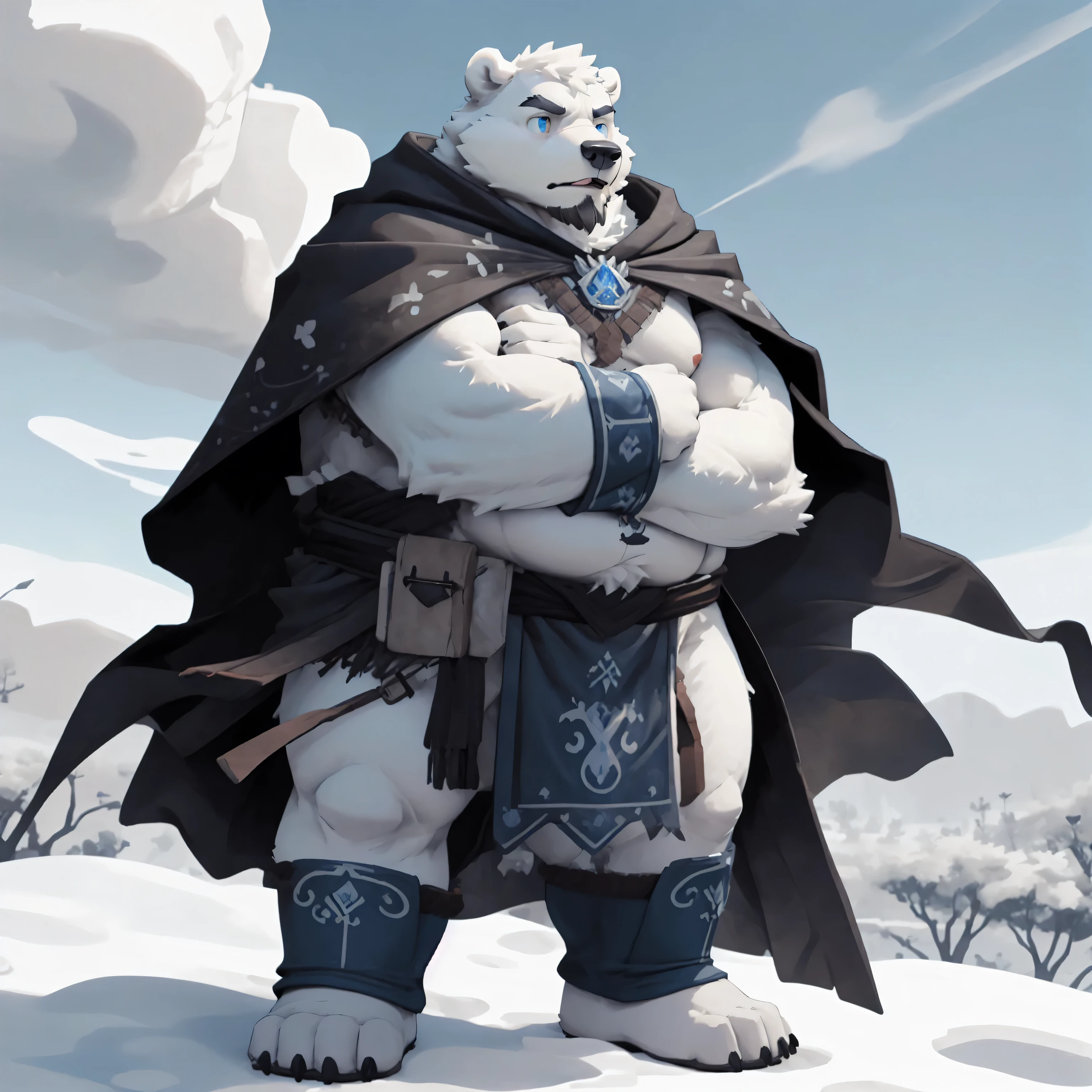 New Jersey 5 Hairy,polar bear,Full body portrait of an individual,exquisite, chubby,Fat,thick arms,Rugged muscles,Naked from the waist down,White plush fur,Chubby Face,black eyebrows,sky blue eyes,beard,Warrior attire,cloak,front,battlefield