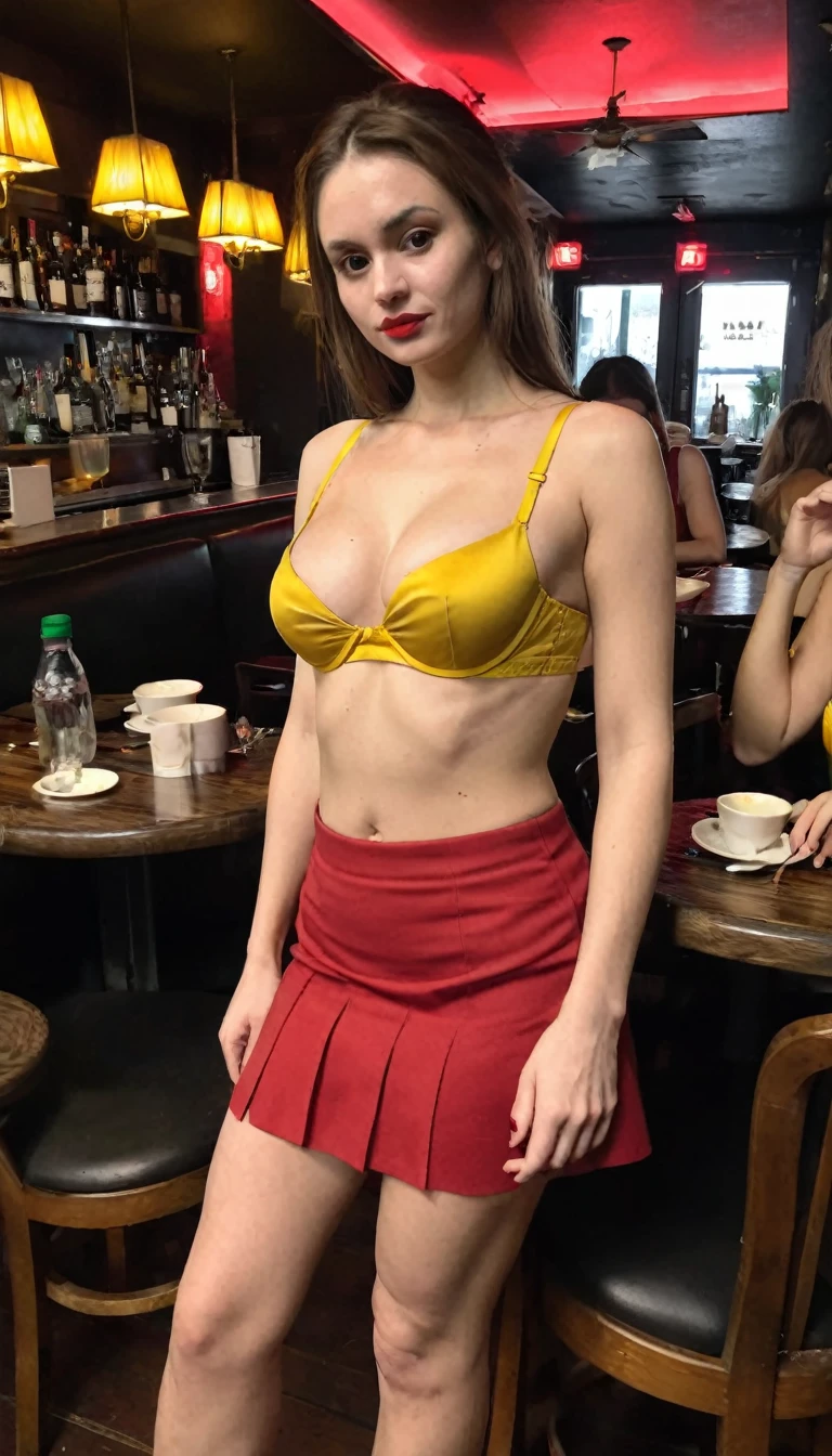 ((wide angle)), (woman wearing red skirt and yellow bra. )dark dimly lit , mess, stacy, (elegant dark restaurant with a gloomy mood, ) crowded, ((dimly lit, dimly lit, deep focus, Snapchat)) poor quality , зернистый jpg , blurred, Blur, ugly