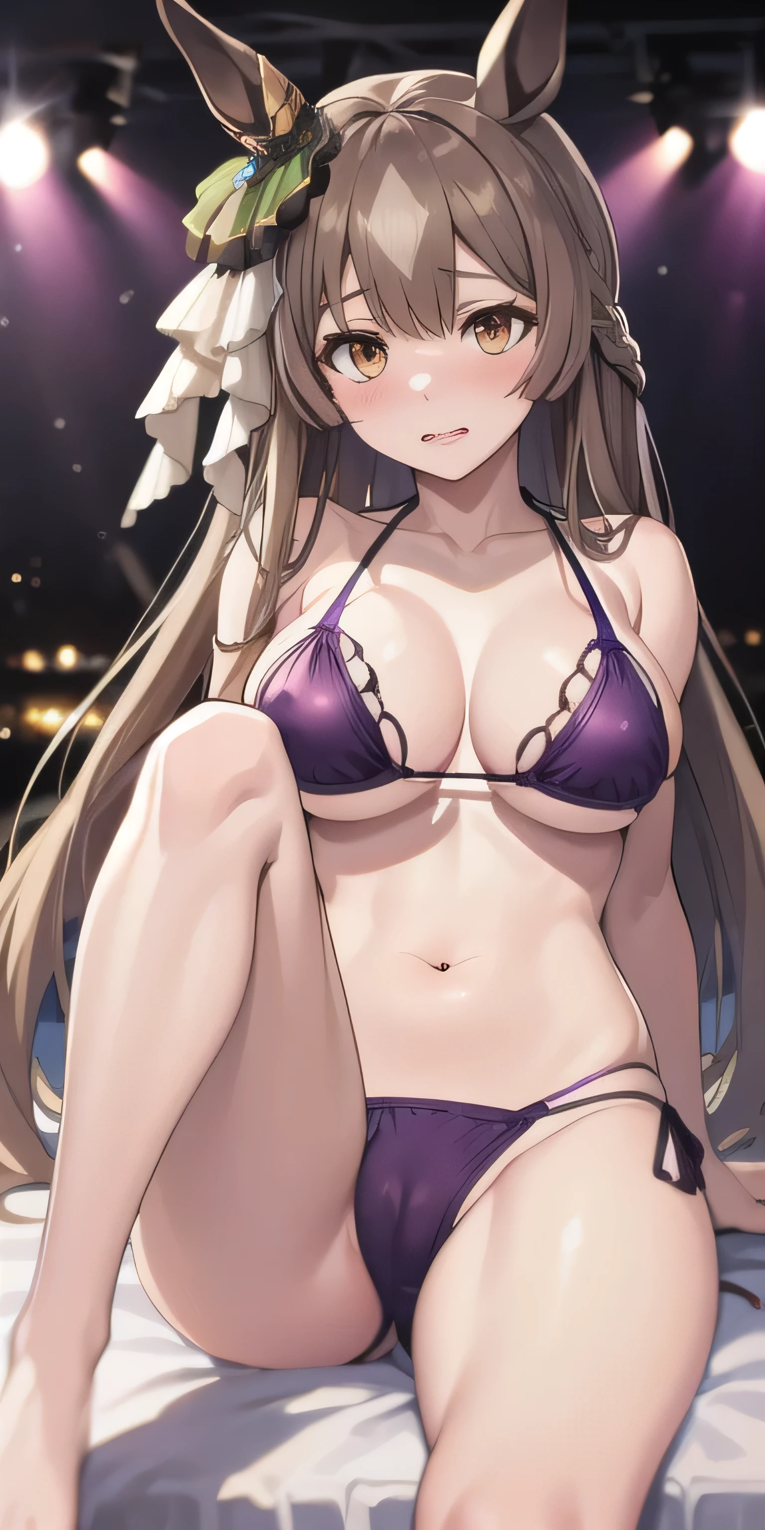 masterpiece, highest quality, close, Face shot, \(Umamusume\),((Purple micro bikini))、sit、Leg spread、semen、Mansuji、On the bed、Low - Angle、(((Big Breasts)))、Nightclub、Embarrassed、1st from the bottom.3