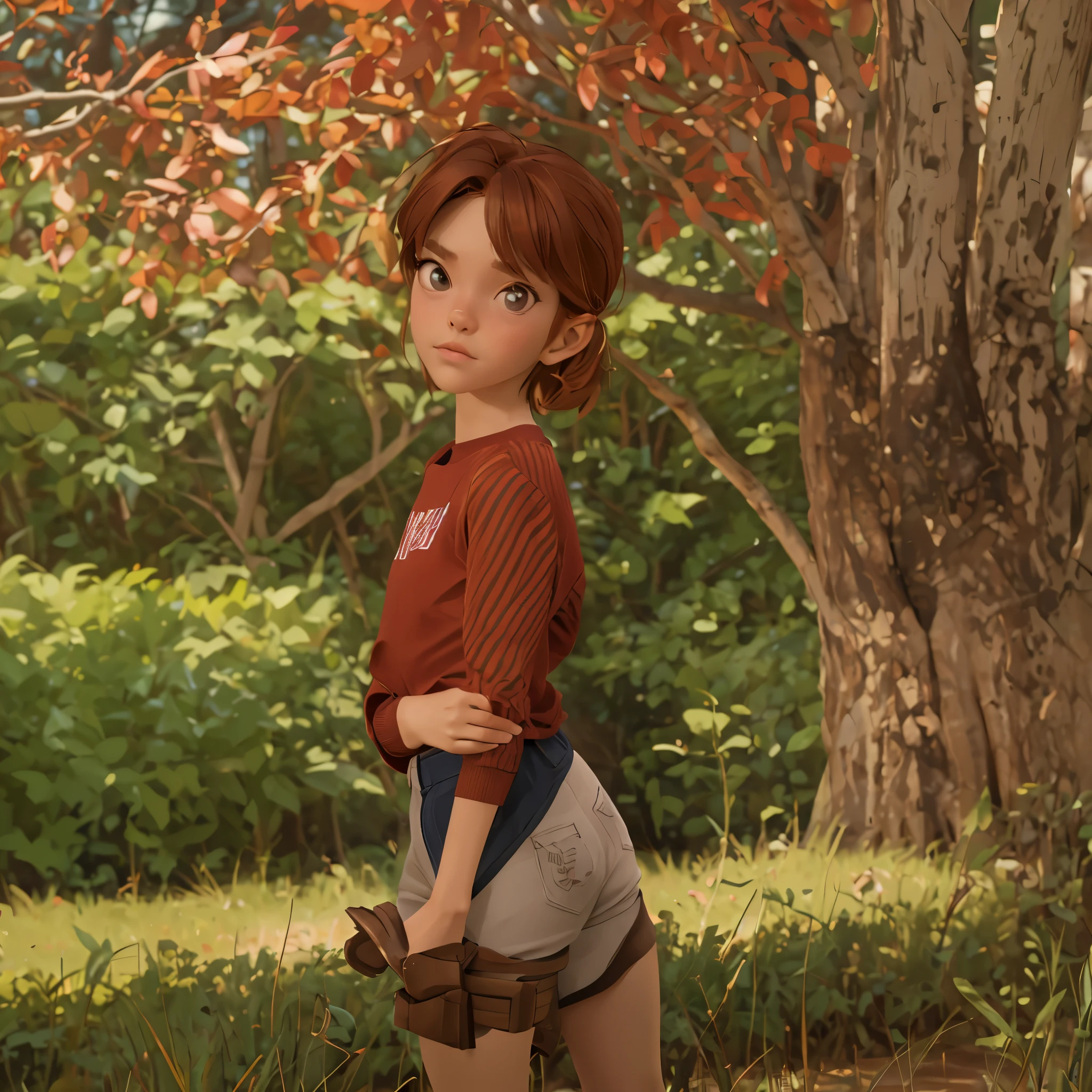 Penny Forrester,Physical appearance
Penny is a slender, -yeld tewith fair skin, short auburn hair, and brown eyes. She wears a red T-shirt over a brown long-sleeved shirt, denim grey shorts, grey and white striped tights, alongside brown socks with a red line and brown boots, which she mostly wears when she's

