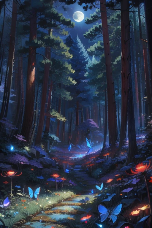 blue butterfly, (Intricate details:1.4), lycoris radiata in a forest clearing at full moon, (many blue spectral butterflies), anime, fantasy, detailed background, 2D, CG, (Highly detailed), (high resolution), (Best quality), (masterpiece)