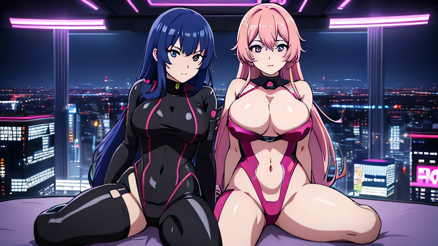 Chicas anime en catsuits posando en una ciudad por la noche., oppai ciberpunk, anime ciberpunk art, anime ciberpunk, arte del anime ciberpunk, digital arte del anime ciberpunk, ciberpunk digital - arte anime, anime ciberpunk moderno, anime ciberpunk digital!!, mejor fondo de pantalla de anime 4k konachan, chica anime cyberpunk femenina, en la ciudad ciberpunk, tendencia en cgstation, mujeres ciberpunk