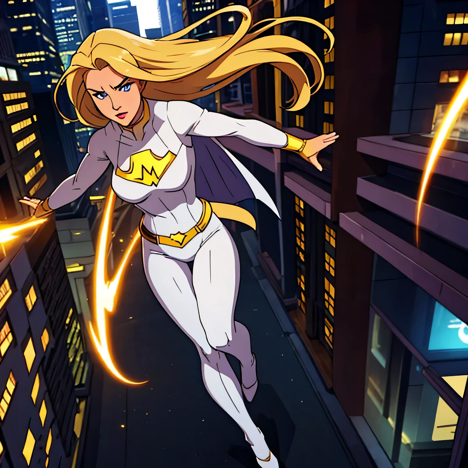 Female superhero, 20s, long dirty blonde hair, white superhero costume, energy manipulation powers, located in city.