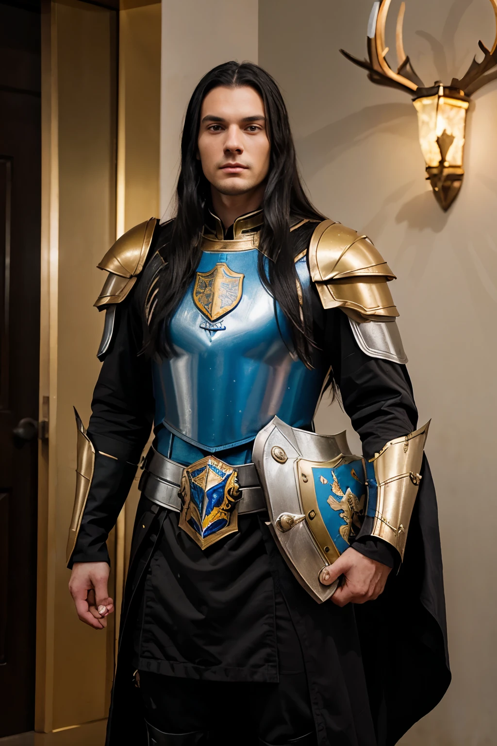 Young and tall man, long black hair, blue eyes. No beard. Powerfully build. Dressed in armor with a yellow shield on which a standing stag is feautured