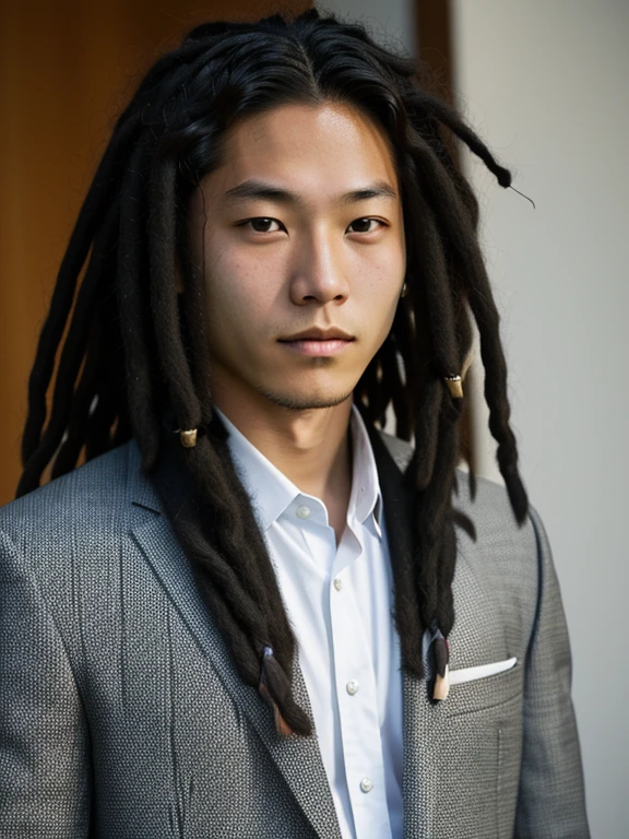 An Asian teenager with dreadlocks named Kenji Furuya,And he has tanned dark skin,Wear a black suit