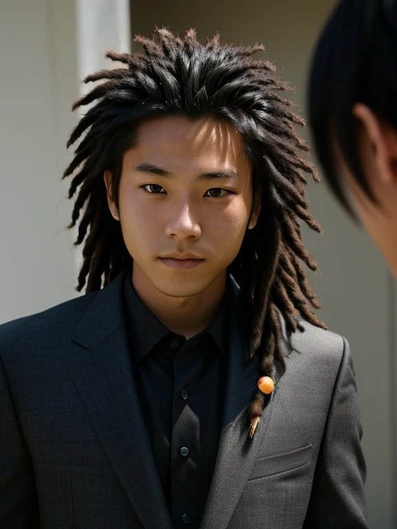 An Asian ager with dreadlocks named Kenji Furuya,And he has tanned dark skin,Wear a black suit