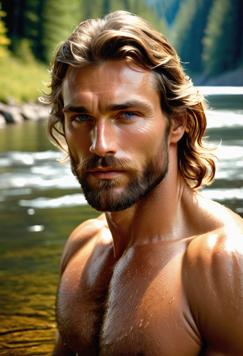 (highly detailed, soft light, detailed face, detailed skin, detailed eyes, photorealistic, dynamic light; cinematic); 1820's; 35 years old man; German; 1820's fur-trader; leadership figure; strikingly handsome; defined cheekbones; defined strong jawline; longer chin; handsome face; strapping; passionate desirous teasing inviting expression; intimate sexually-charged atmosphere; masculine face; charismatic; grizzled; sensual; strong German nose; very attractive; burly broad figure with strong shoulders; ruddy weathered skin; long stubble beard; thick strong chestnut-brown eyebrows; fully naked wet hairy heavily muscled chest with chest-hair; long loose tousled chestnut-brown hair in half-up tied-back style; full firm masculine lips; lounging in a Canadian river, showing off his body, offering sex; natural light-blue eyes; German; looking at camera; natural light-blue eyes;