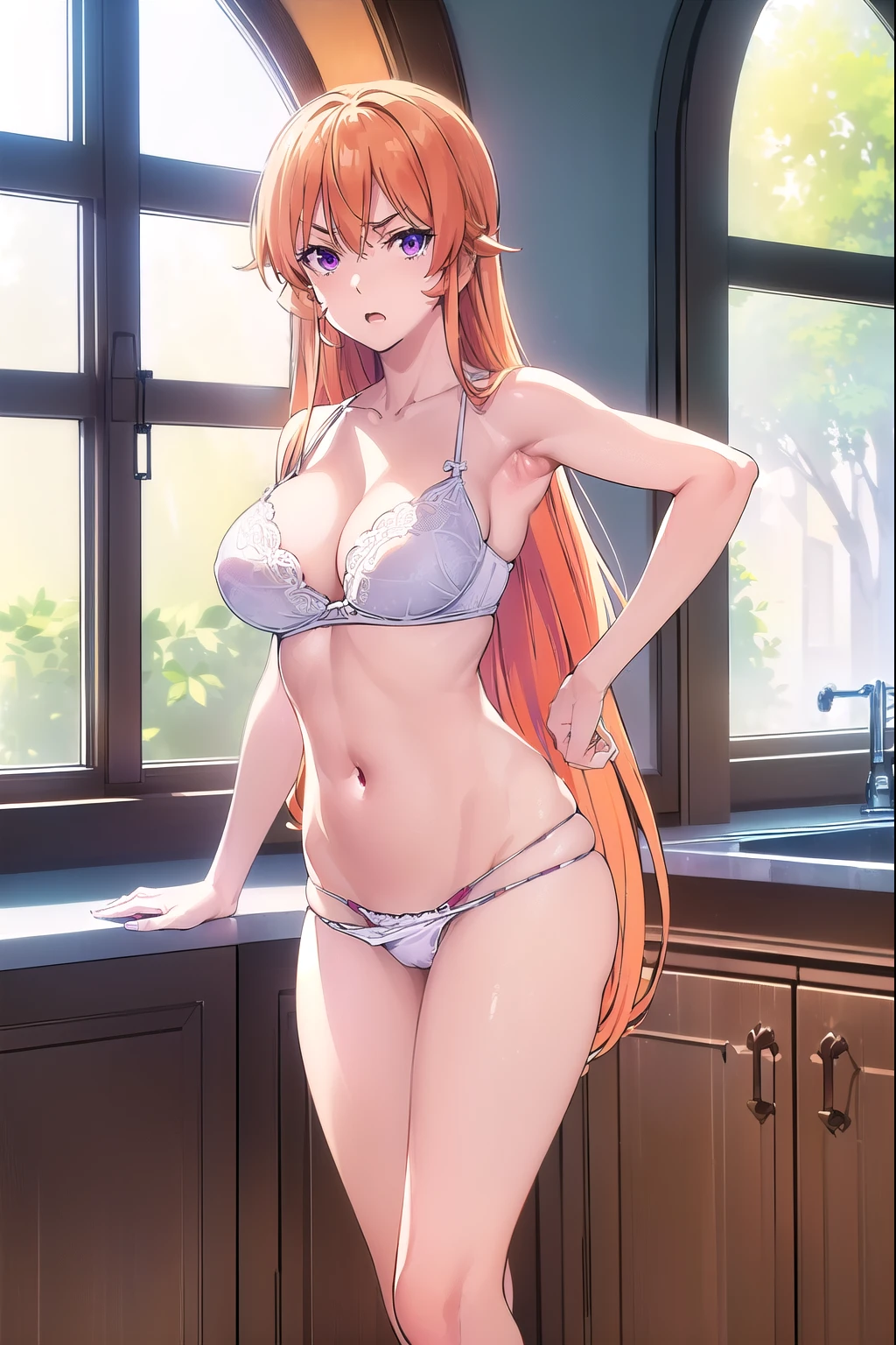 ((masterpiece:1.3, highly detailed:1.3, highres:1.1, best quality, HD, full image)),((erinanakiri, erina nakiri, long hair, orange hair, (purple eyes:1.1), hair between eyes, frown, angry, open mouth, ((white G string, panty, white bra, bra, big breasts, full body)), no shirt, ((indoors, kitchen, window background, trees)), looking at viewer, (masterpiece:1.2), best quality, high resolution, unity 8k wallpaper, (illustration:0.8), (beautiful detailed eyes:1.6), extremely detailed face, perfect lighting, extremely detailed CG,(perfect hands, perfect anatomy))),((sexy pose, different hand pose, standing, armpit))