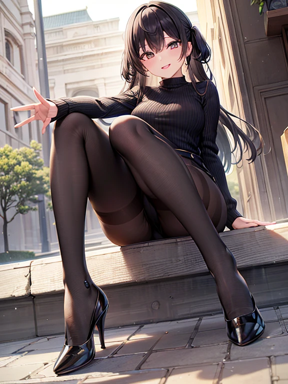 highest quality、masterpiece、Ultra-high resolution、
Five Fingers, Perfect Face, Beautiful fine details, Beautiful body, Beautiful thighs, Beautiful feet, White beautiful skin,
(Dark blue high neck sweater dress、Black Pantyhose、(Black High Heels))、
smile、Face towards the viewer、可愛い顔と魅惑的なsmile、(whole body、Are standing)
