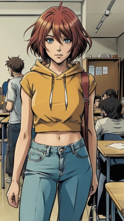 An anime comics woman head with colored hair, jeans, hoodie, college class