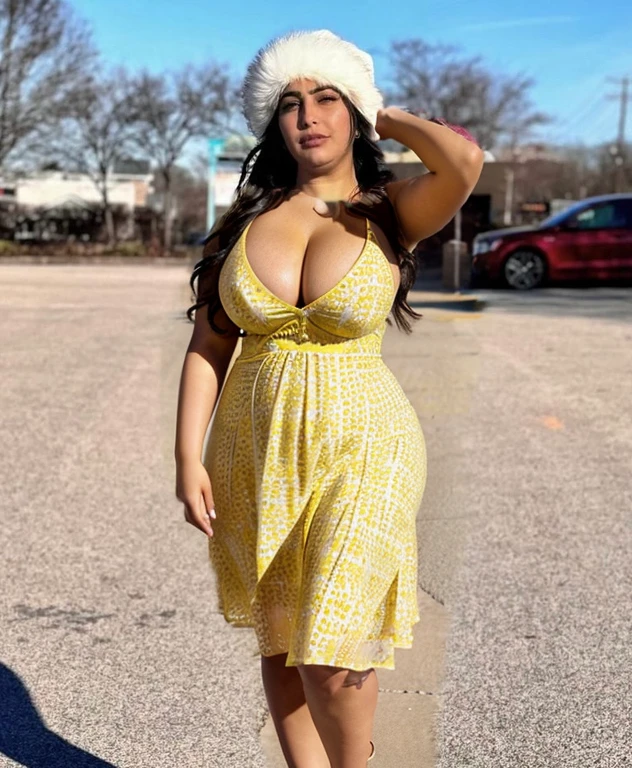 Yellow Summer dress, curvy body, cleavage, Arab skin color