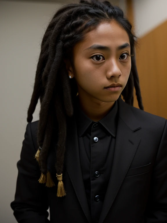 An Asian teenager with dreadlocks named Kenji Furuya,And he has tanned dark skin,Wear a black suit,(good looking:1.3), (Big eyes:1.3 )