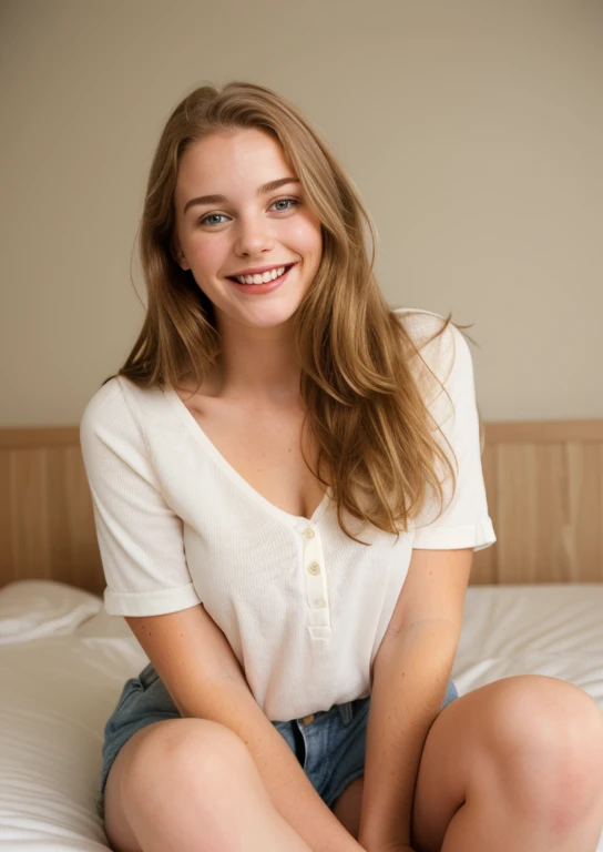 pretty young woman sitting on a bed with big smile